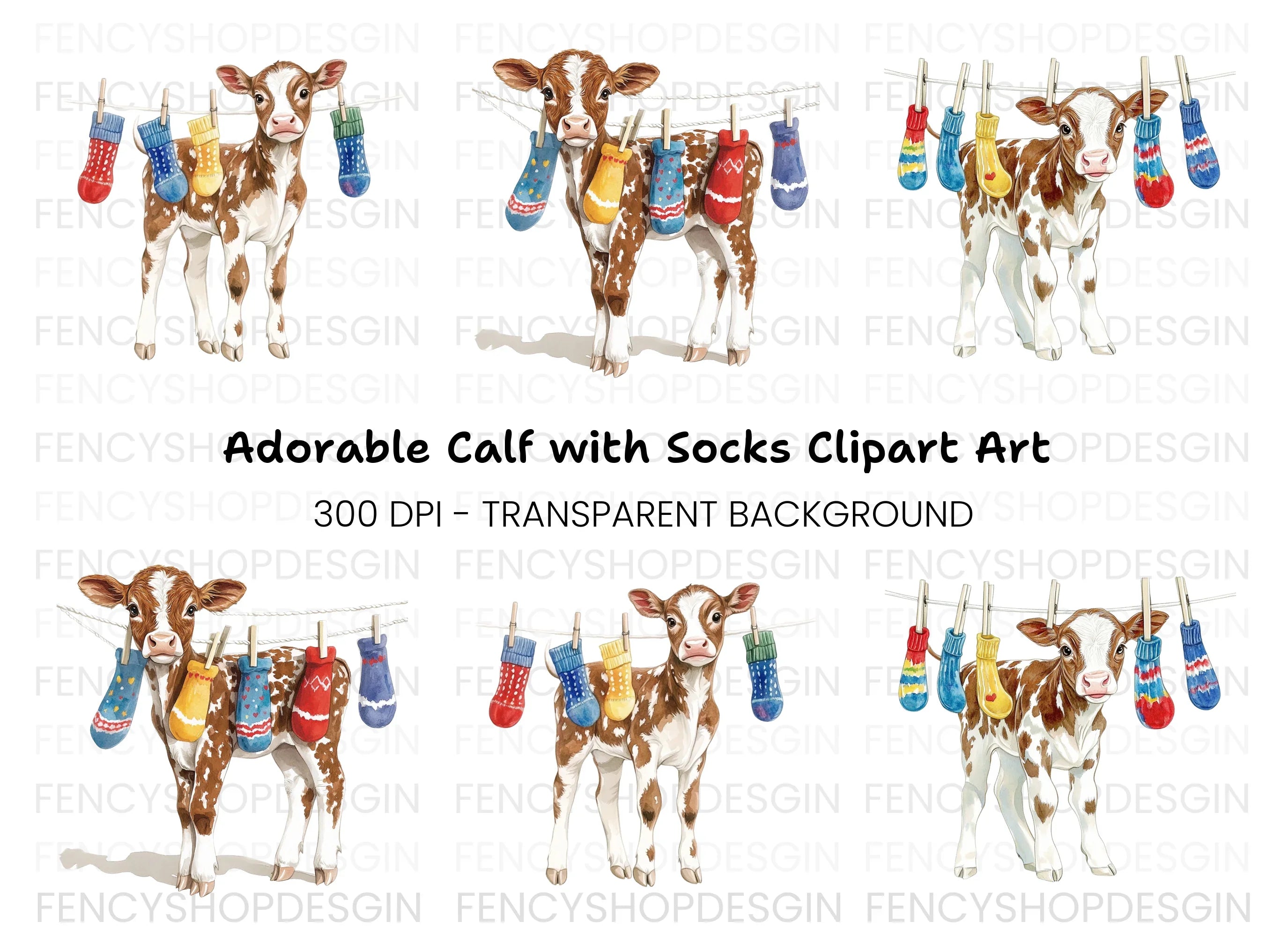 Cute Calves with Socks on Clothesline Clipart Bundle