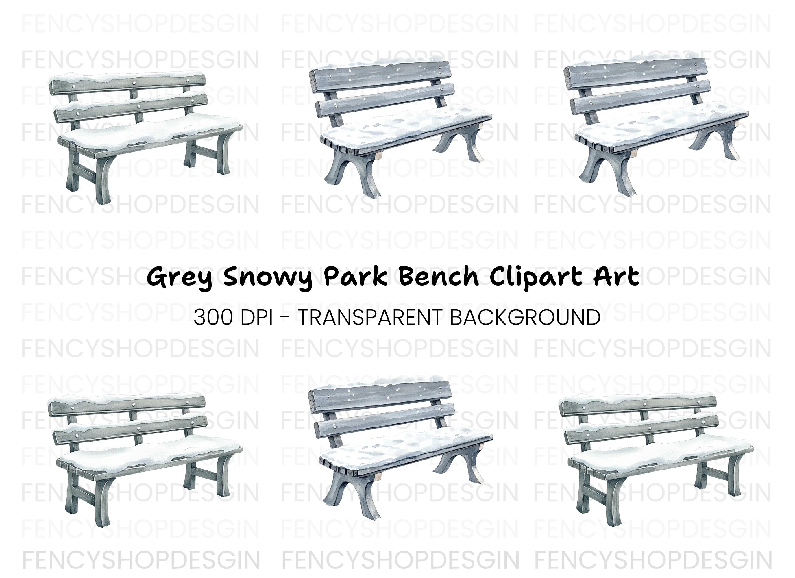 Gray Snowy Park Benches Clipart Bundle