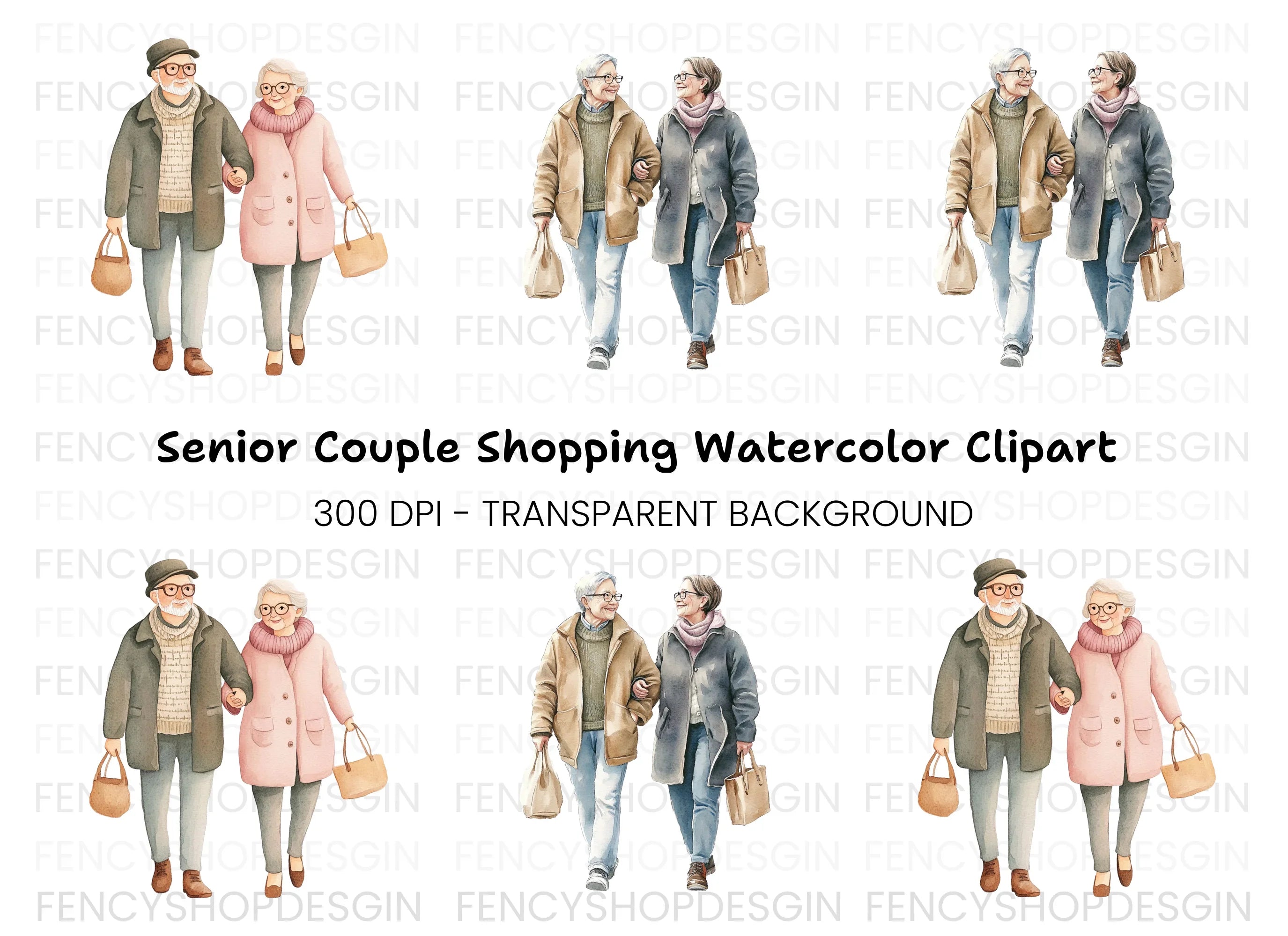 Elderly Couples Walking Clipart Bundle