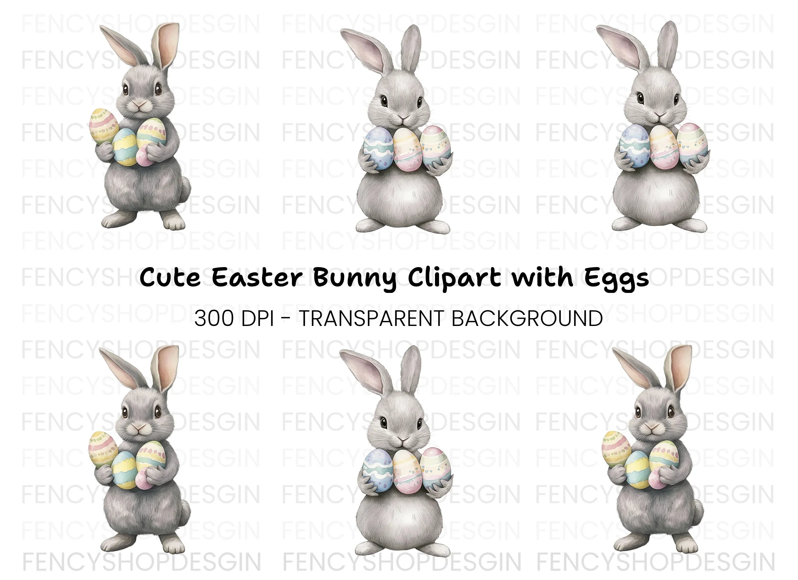 Charming Grey Easter Bunnies with Eggs Clipart Bundle
