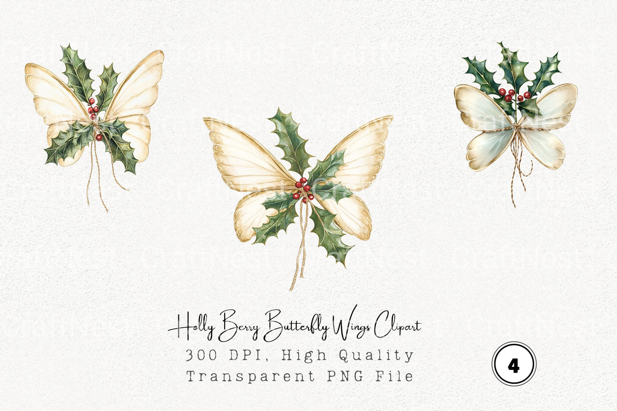 Holly Berry Butterfly Wings Clipart Bundle