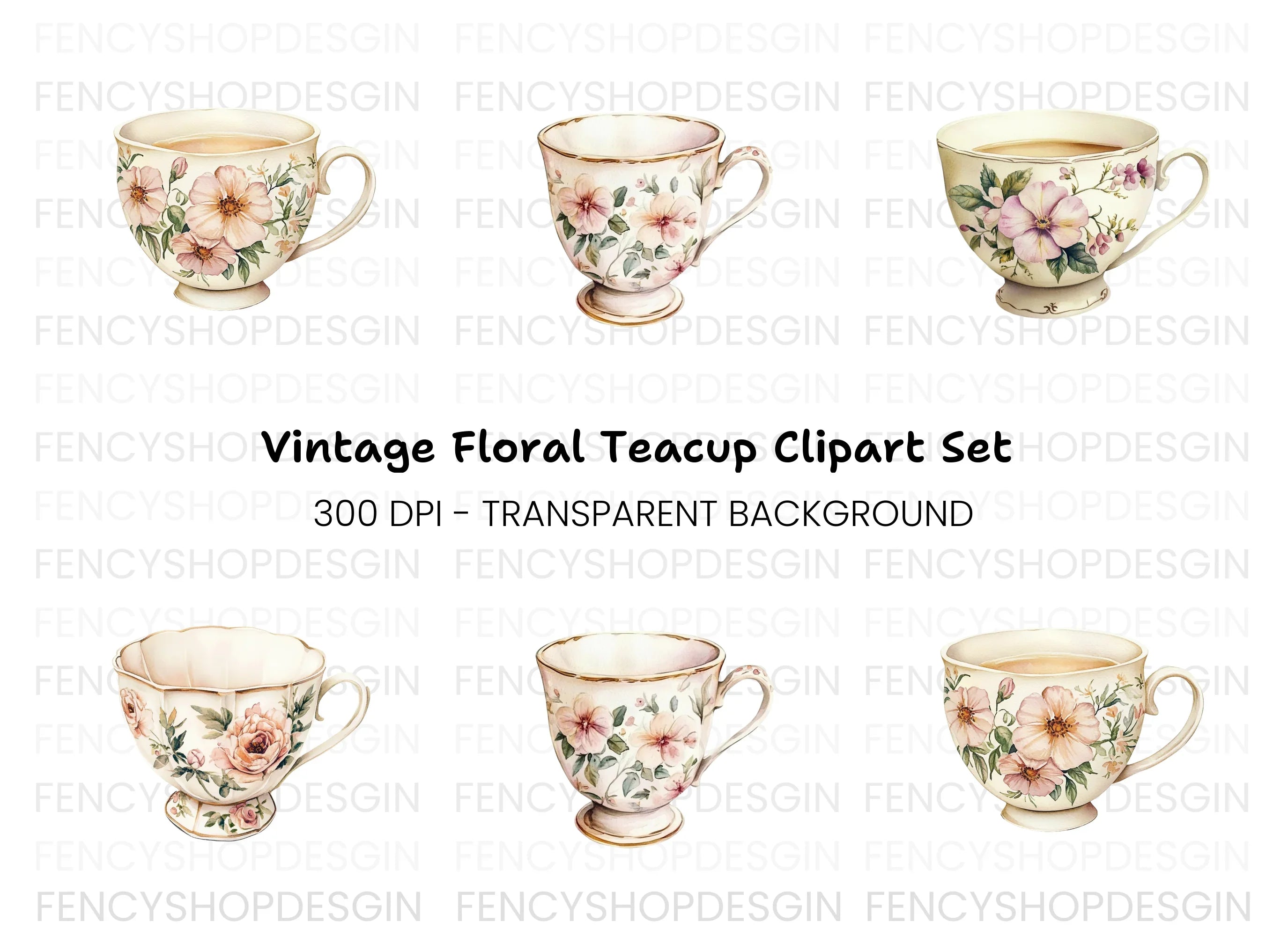 Elegant Floral Teacups Clipart Bundle