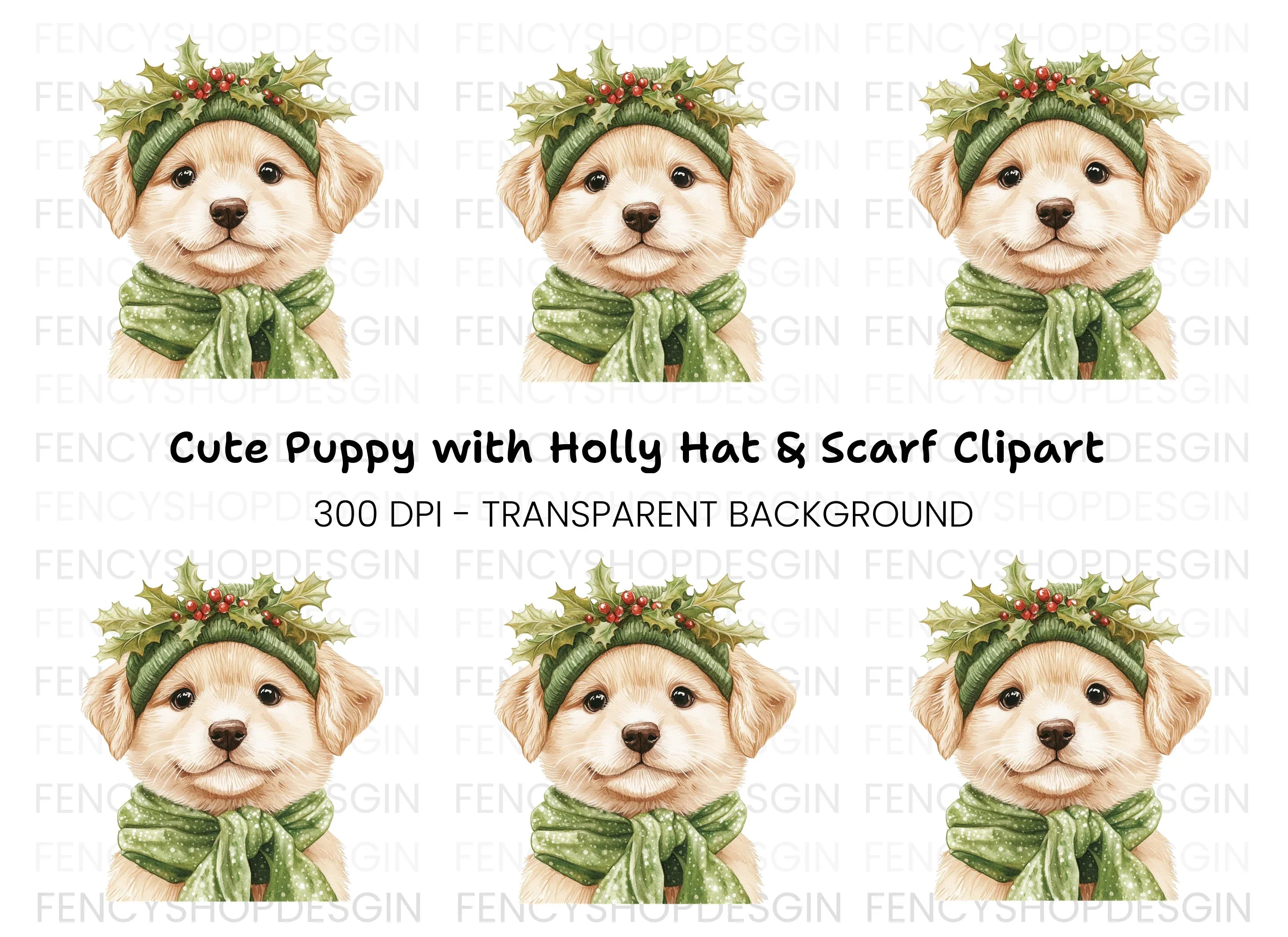 Festive Puppy with Holly Crown Clipart Bundle
