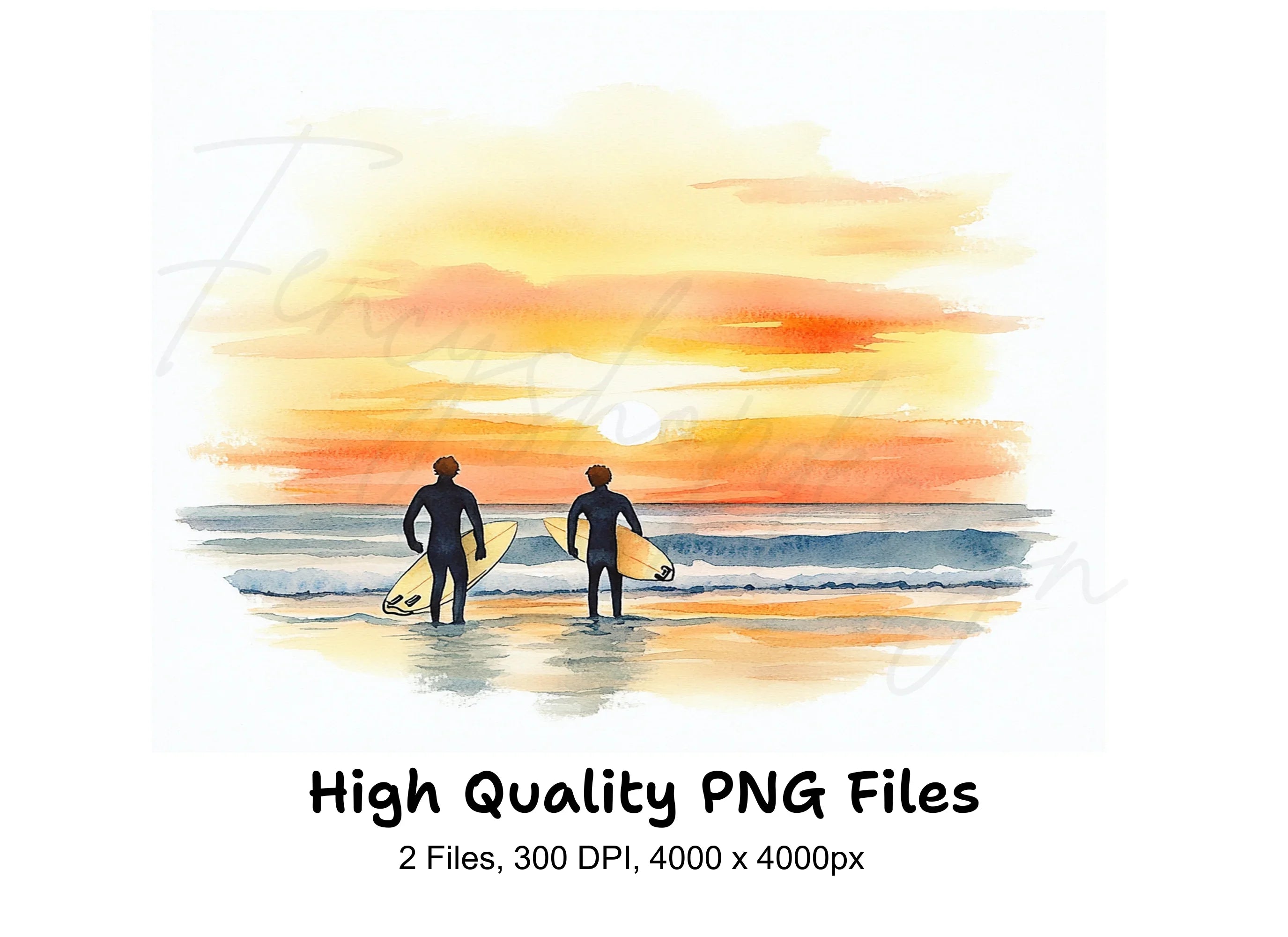 Couple Surfers Sunset Beach Clipart Bundle