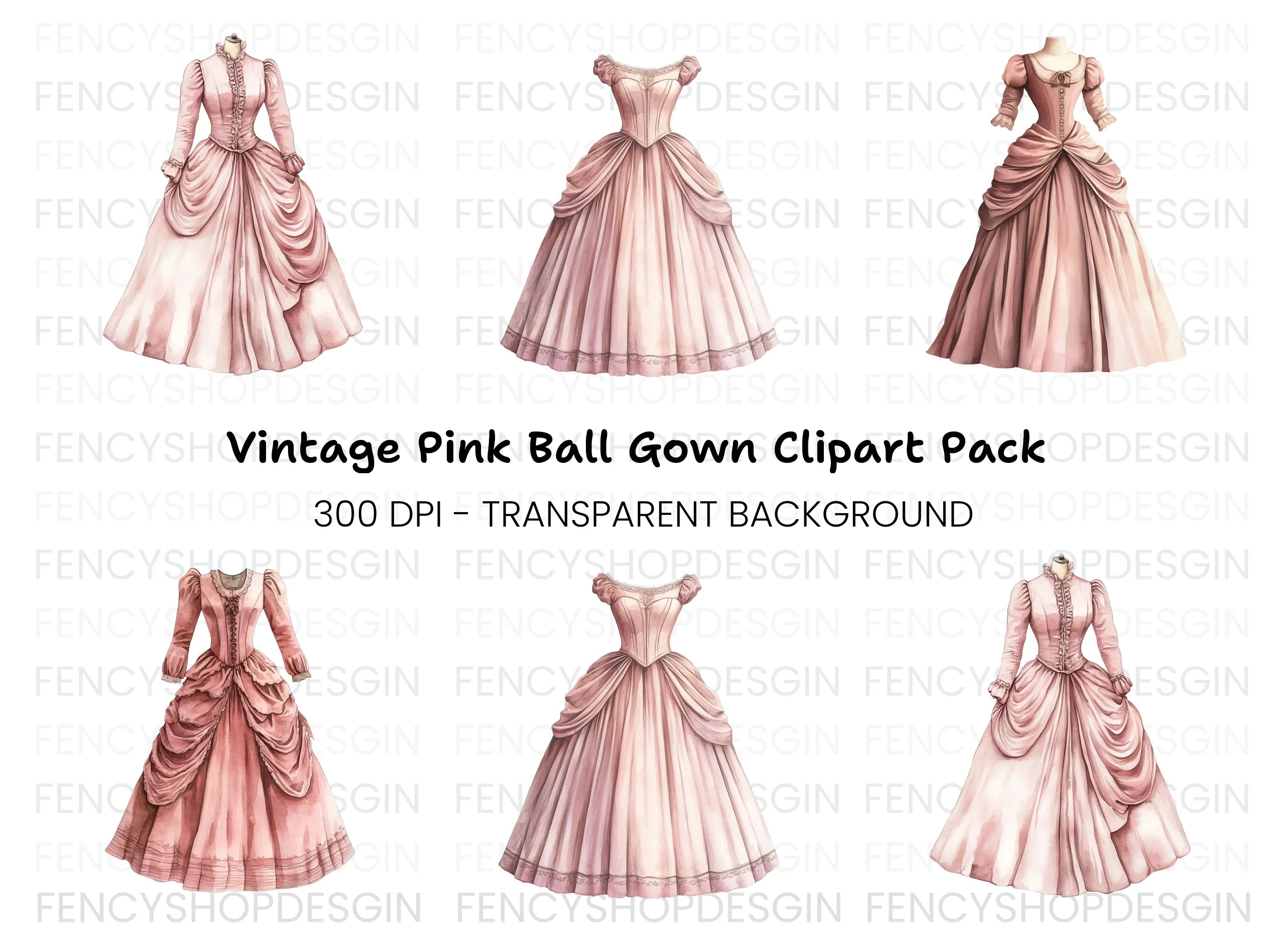 Elegant Pink Victorian Gown Clipart Bundle
