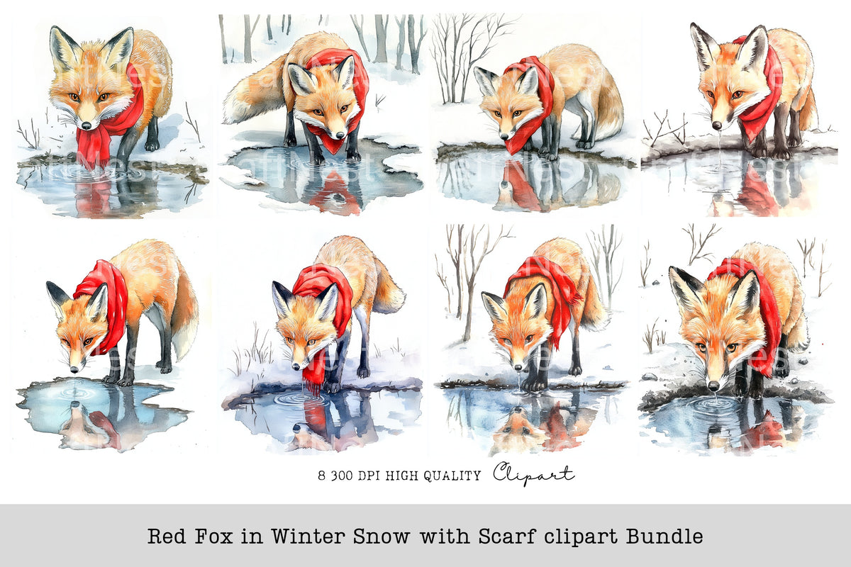 Red Fox In Winter Snow With Scarf Clipart Bundle