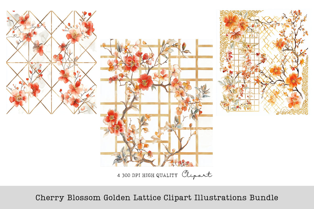 Cherry Blossom Golden Lattice Illustrations Clipart Bundle