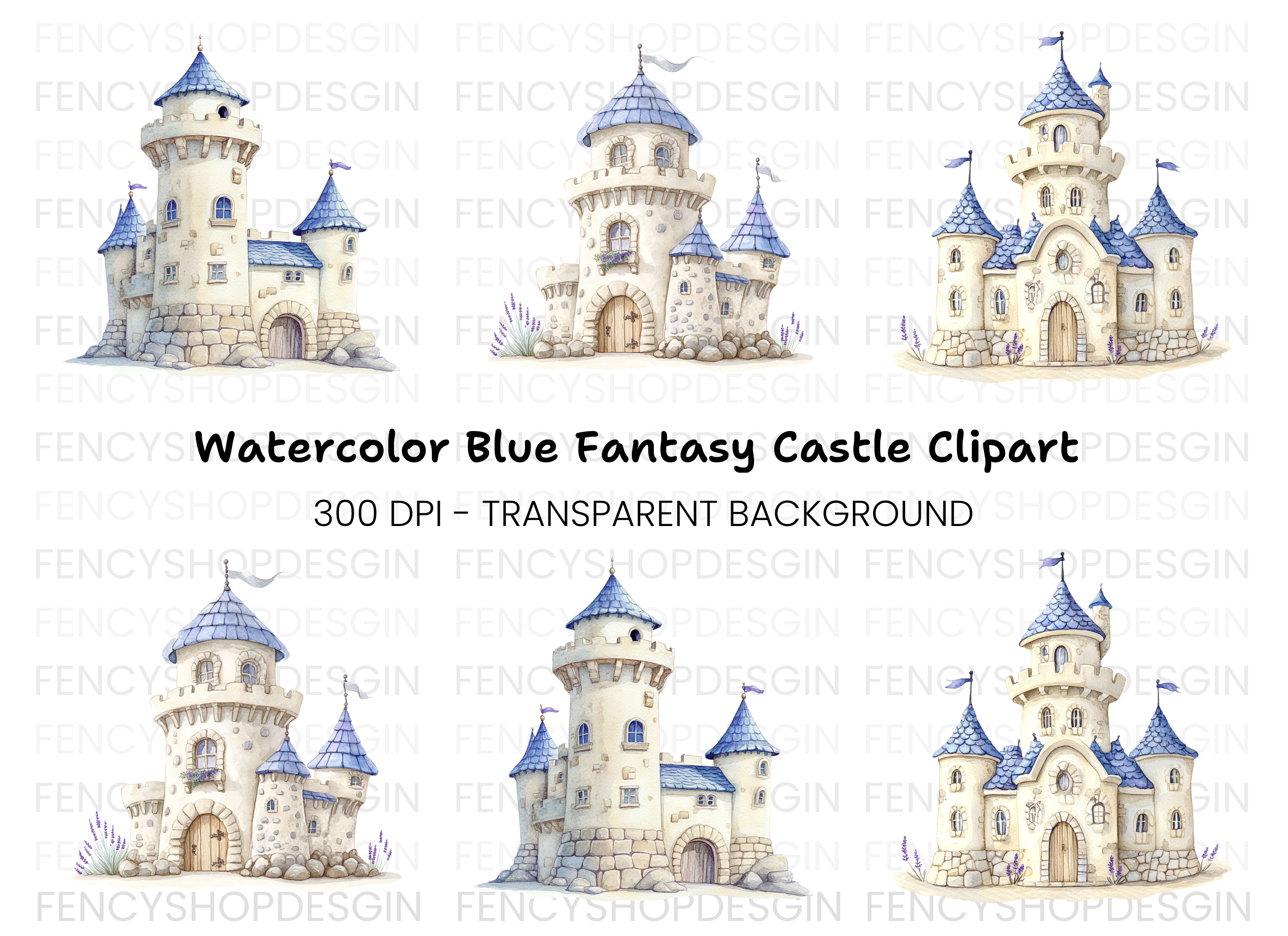 Blue Fantasy Castle Clipart Bundle