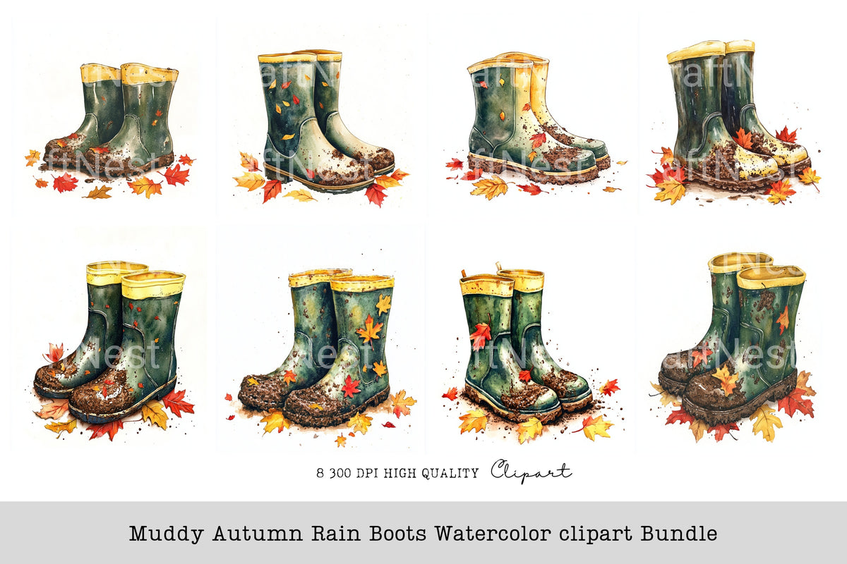 Muddy Autumn Rain Boots Clipart Bundle