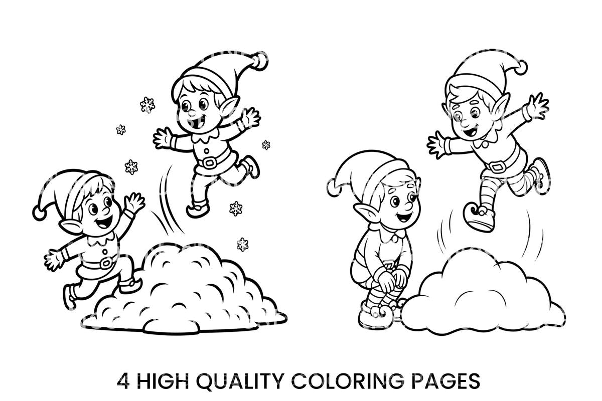 Playful Elves Jumping in Snow Coloring Books