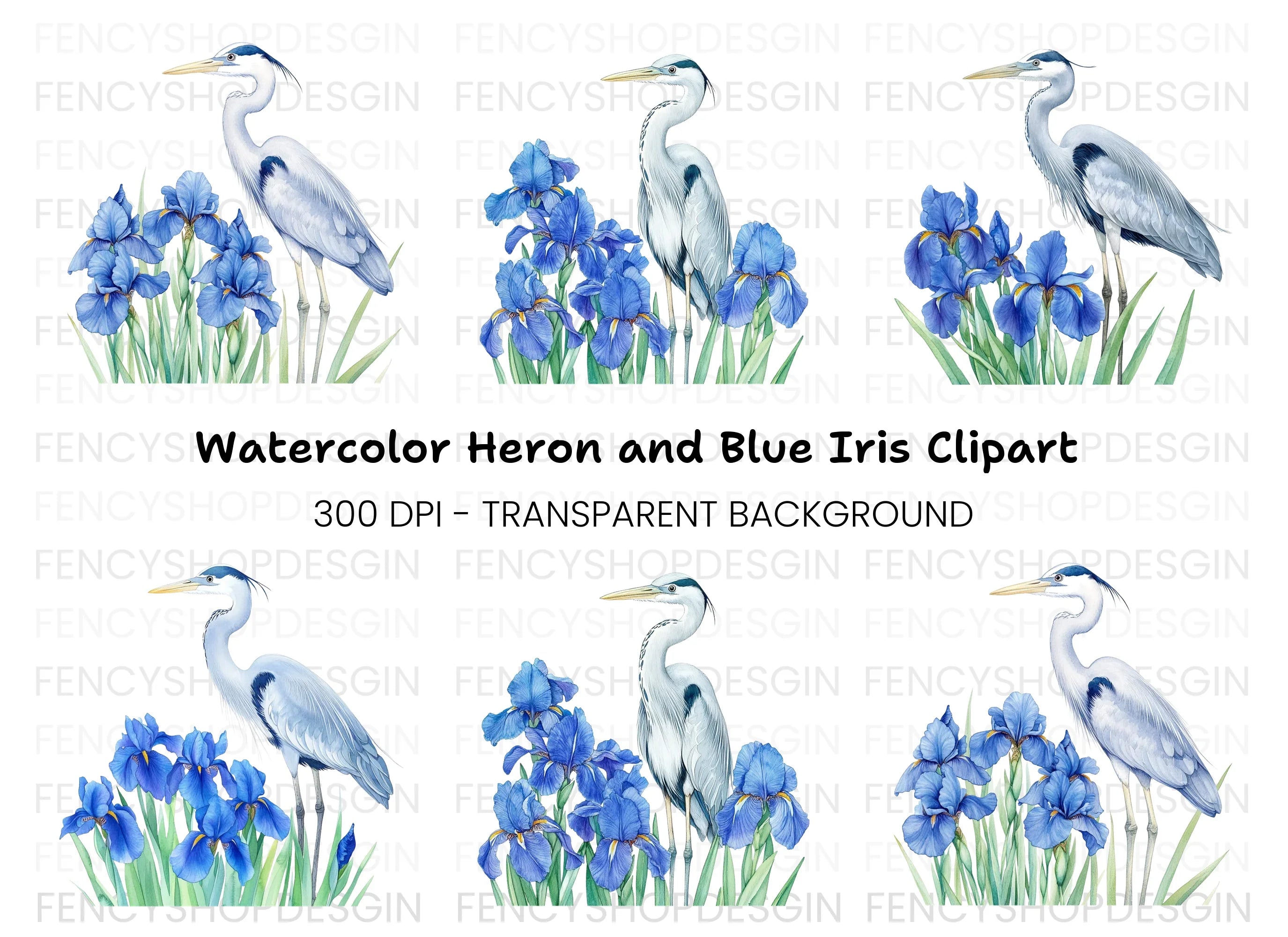 Elegant Heron and Iris Flower Clipart Bundle