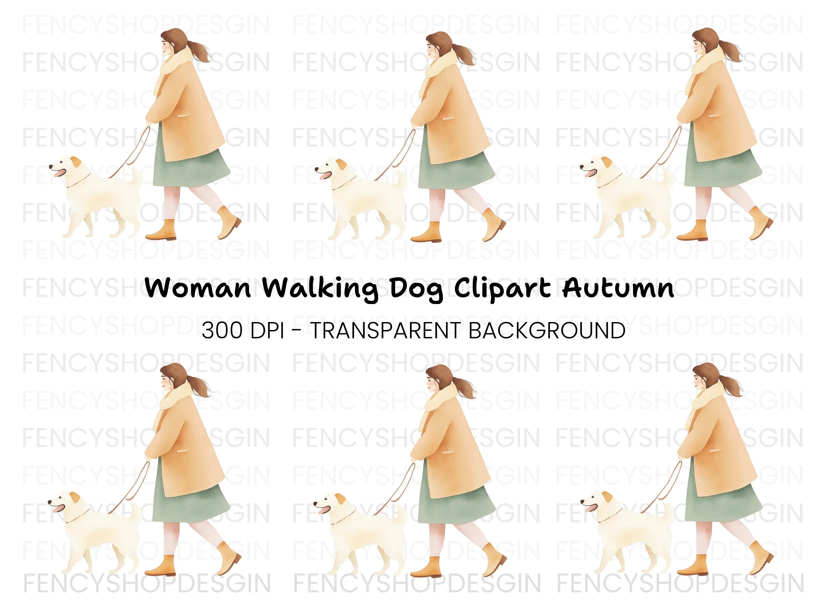 Woman Walking Dog Illustration Clipart Bundle