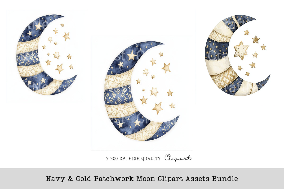 Navy Gold Patchwork Moon Clipart Bundle