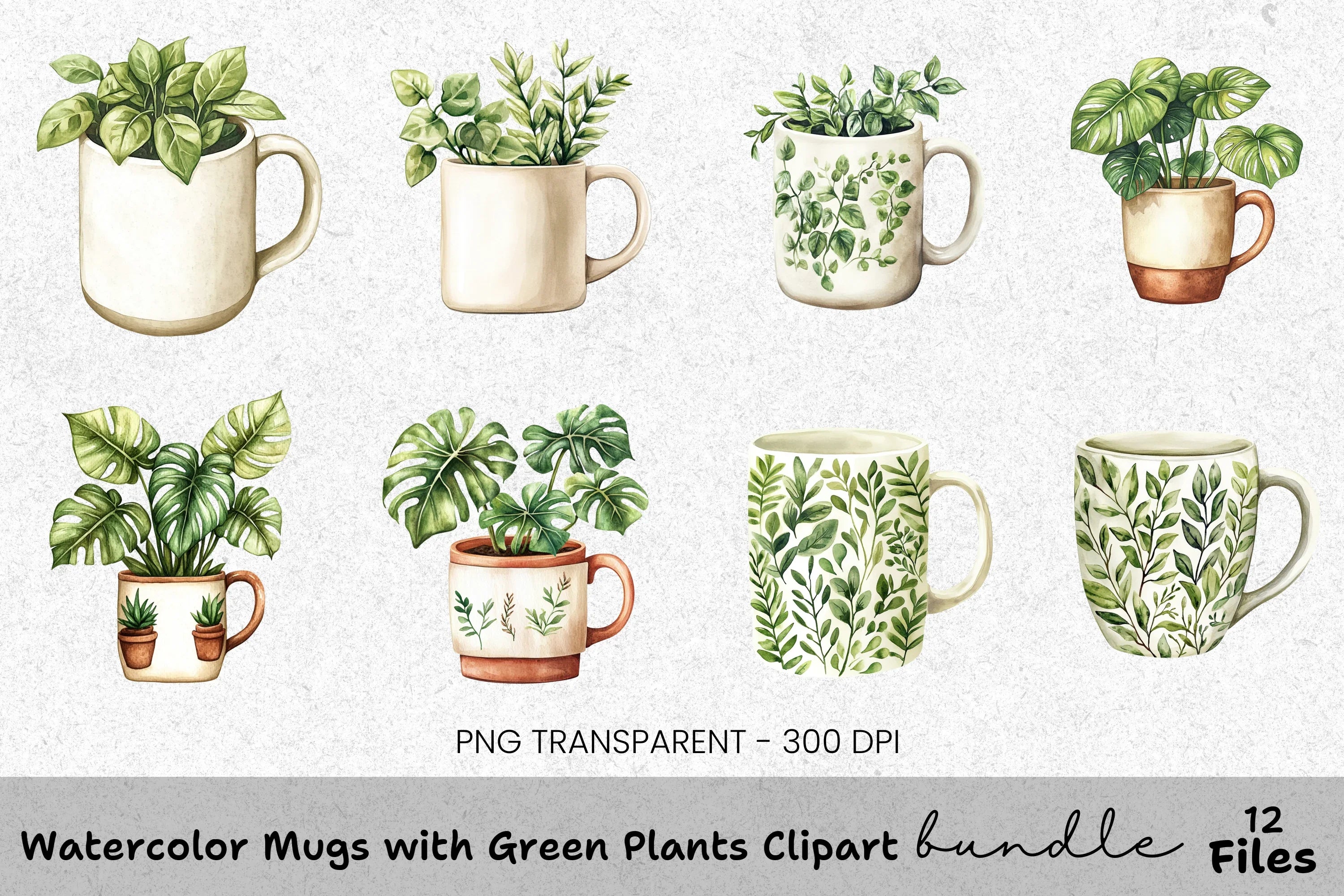 Green Plants Mugs Clipart Bundle