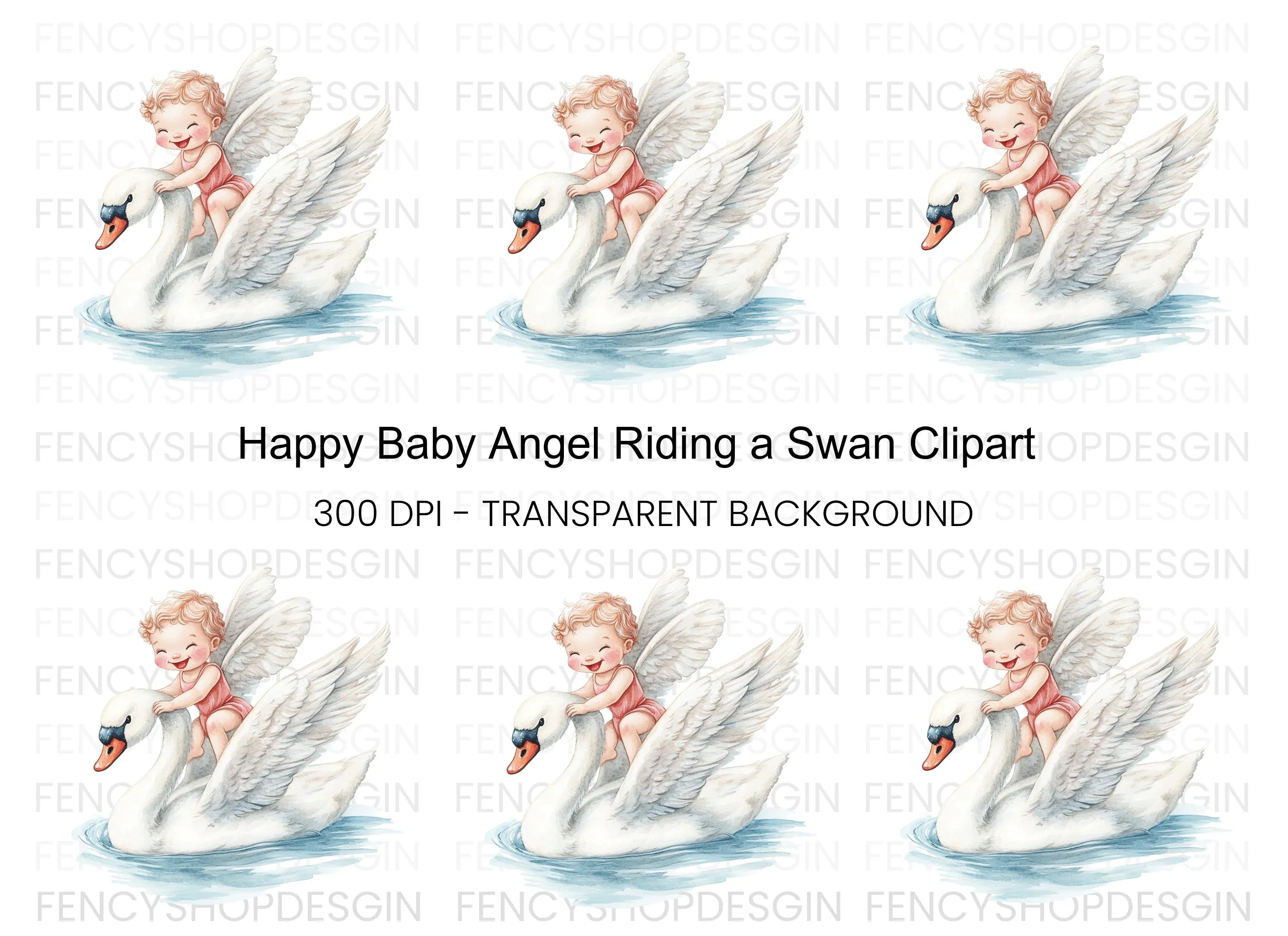 Happy Cherub Riding Swan Clipart Bundle