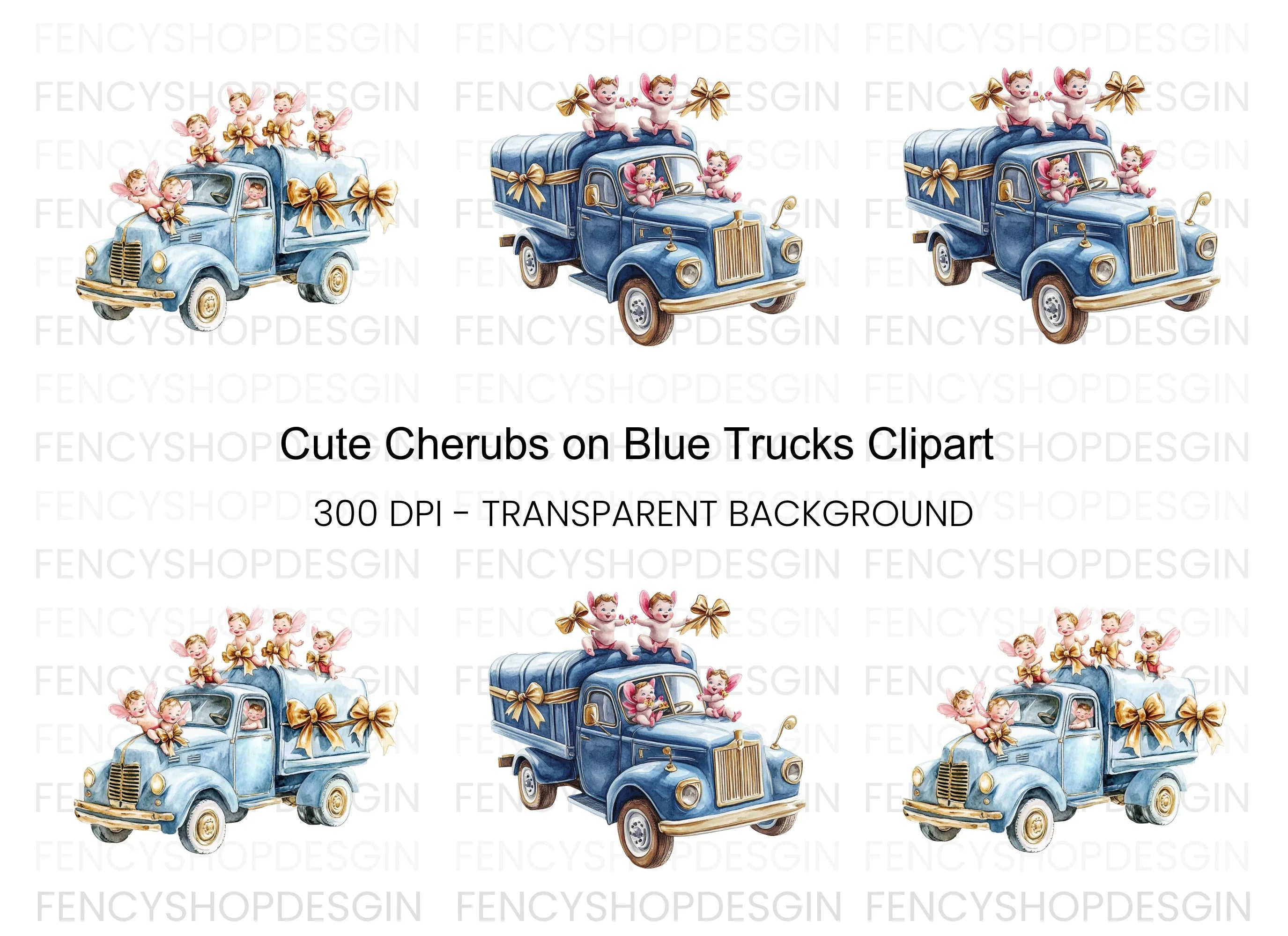 Cute Cherubs on Blue Trucks Clipart Bundle
