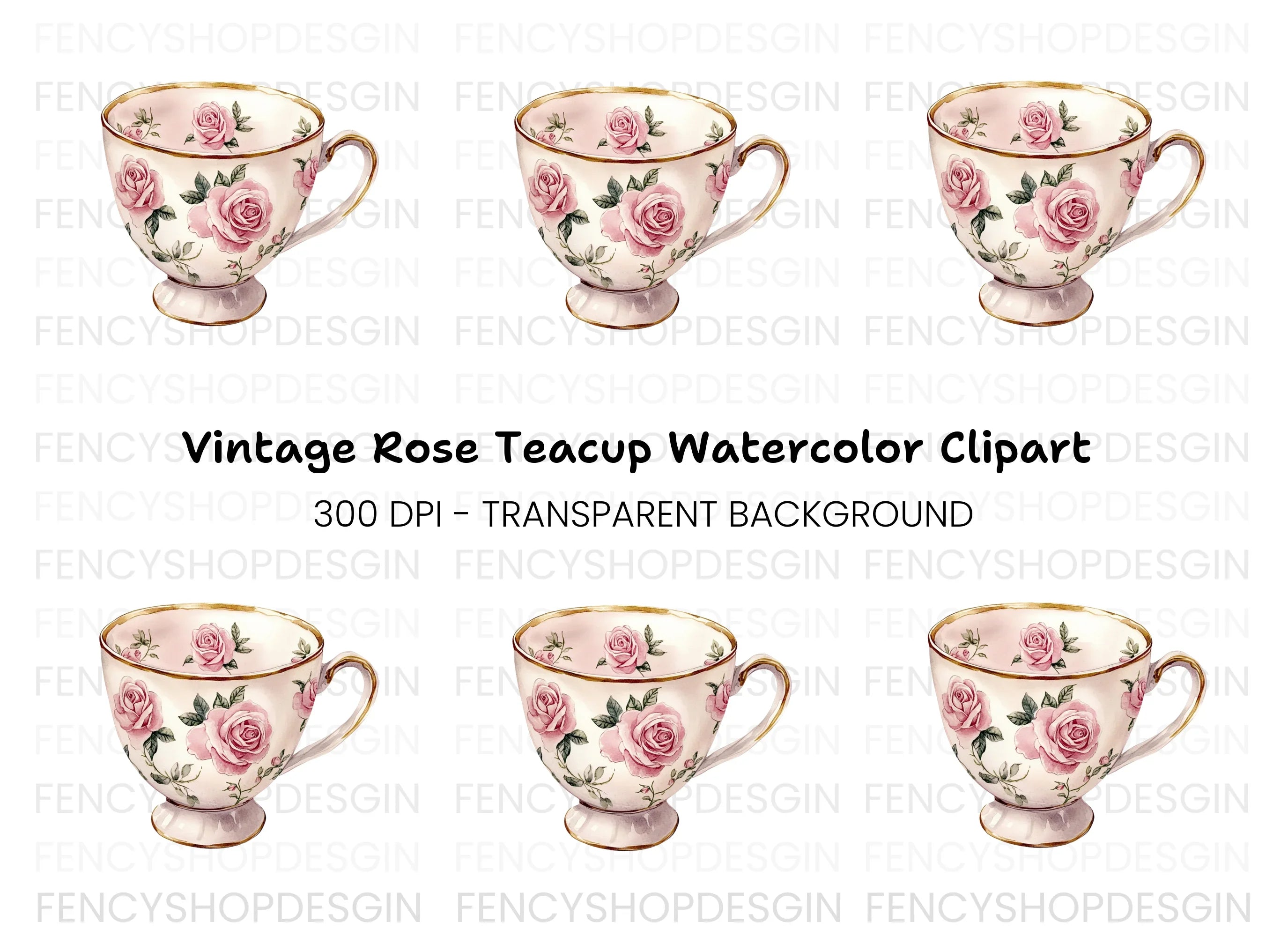 Pink Rose Teacup Clipart Bundle