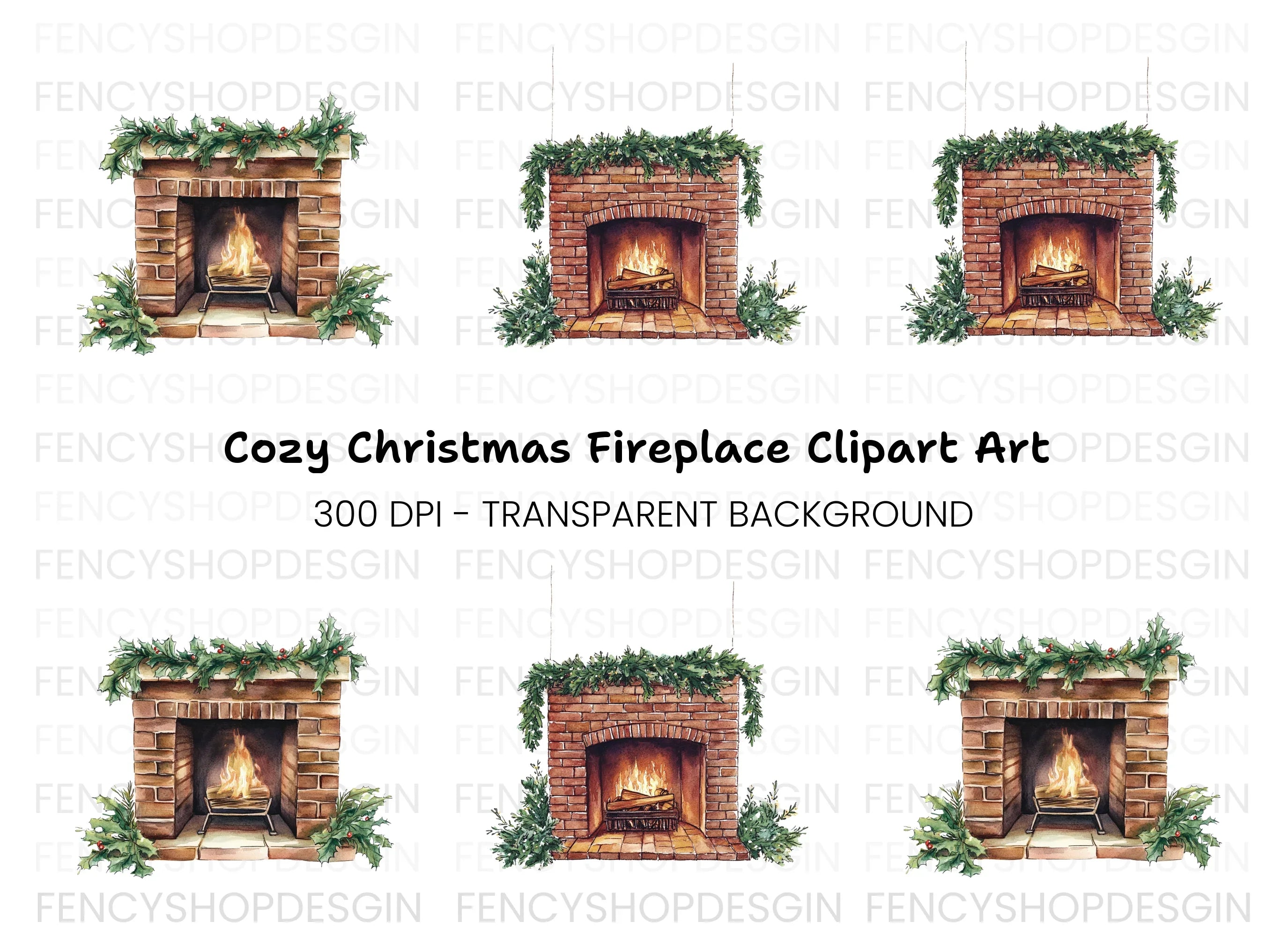 Cozy Christmas Fireplace Clipart Bundle