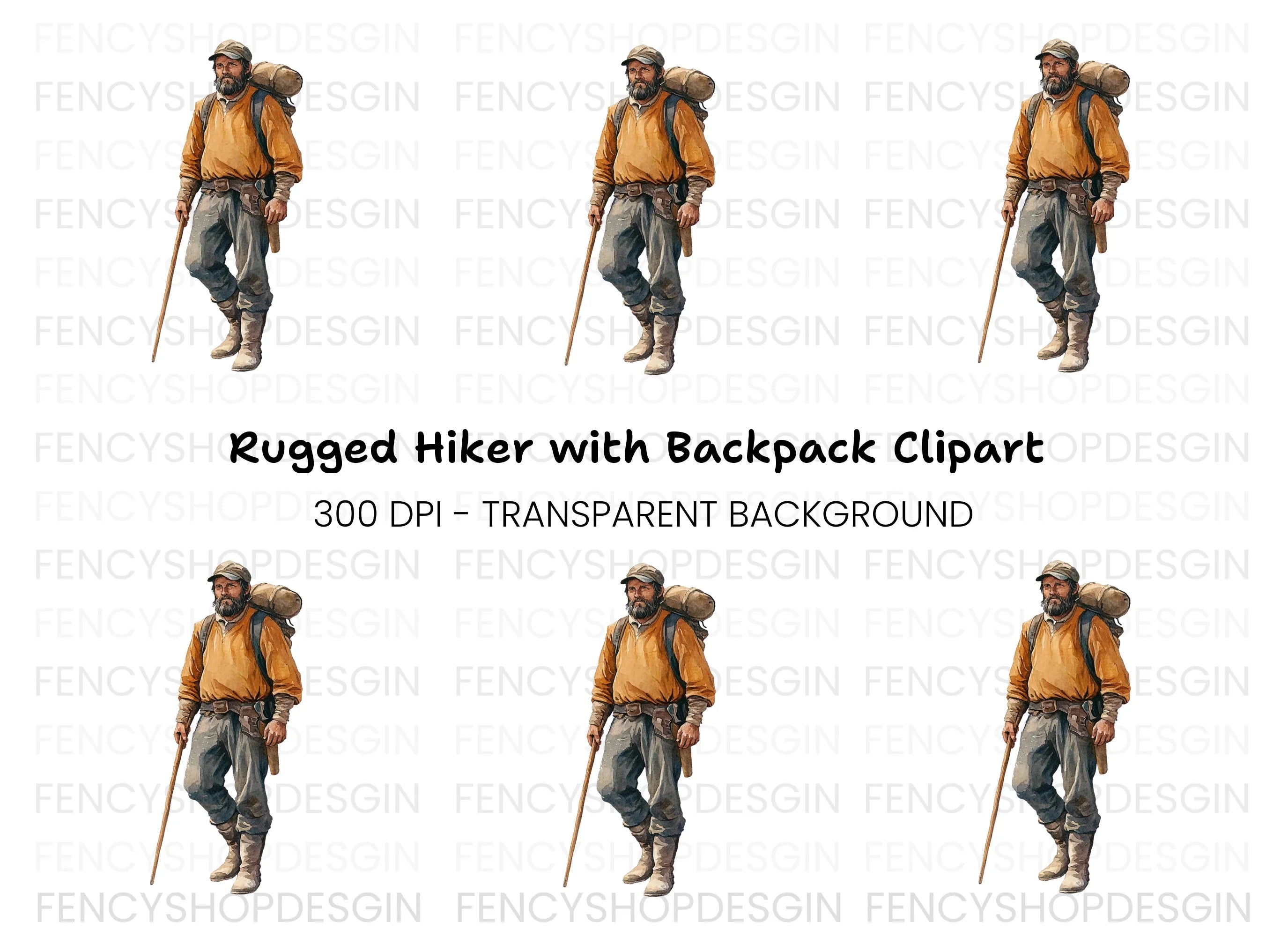 Bearded Hiker with Staff Clipart Bundle