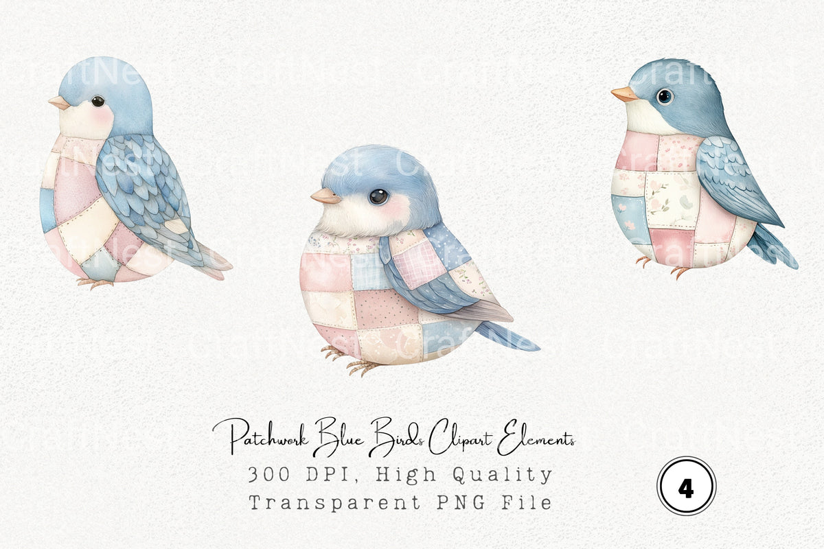 Patchwork Blue Birds Elements Clipart Bundle
