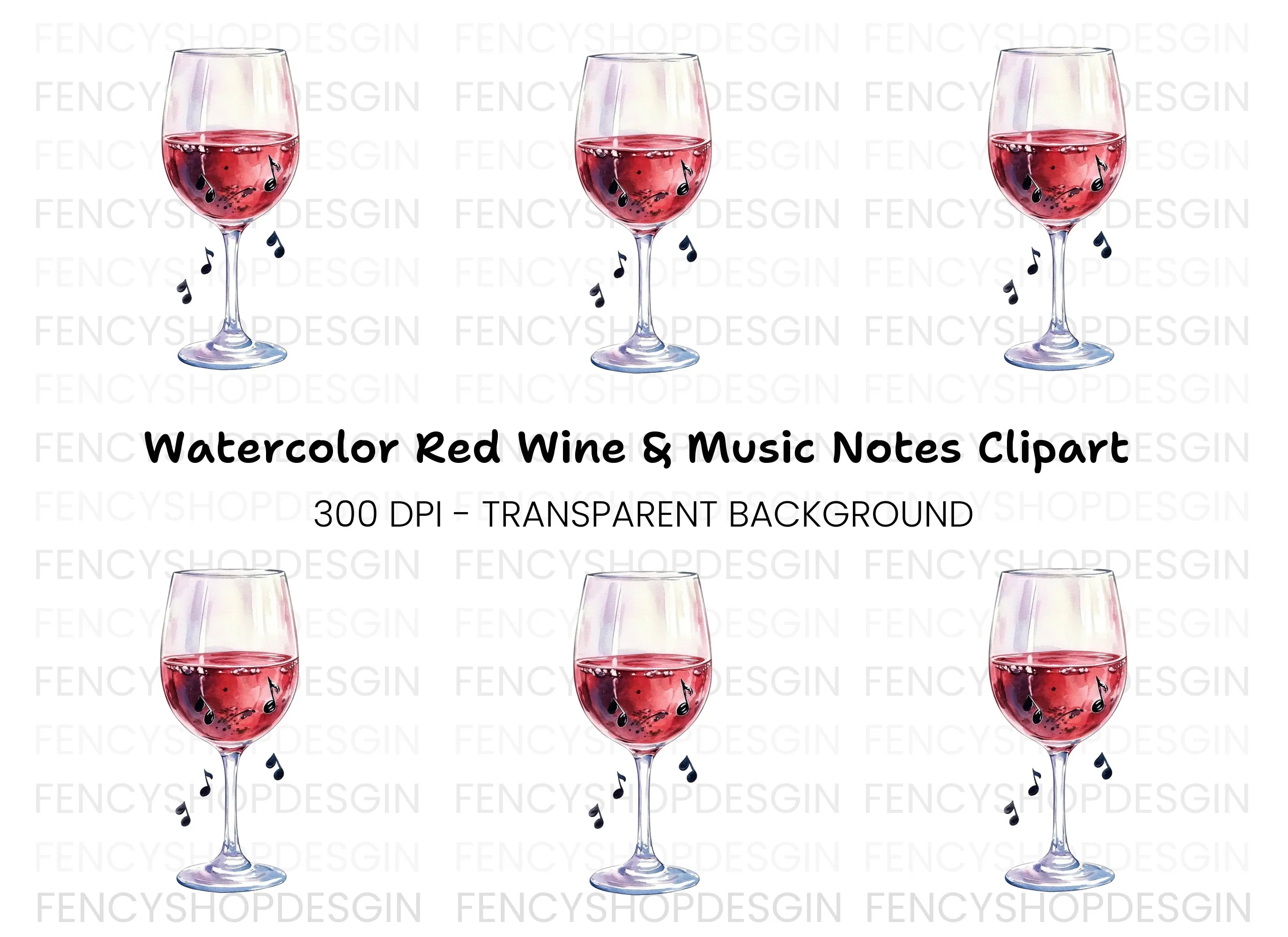 Red Wine Glass with Music Notes Clipart Bundle