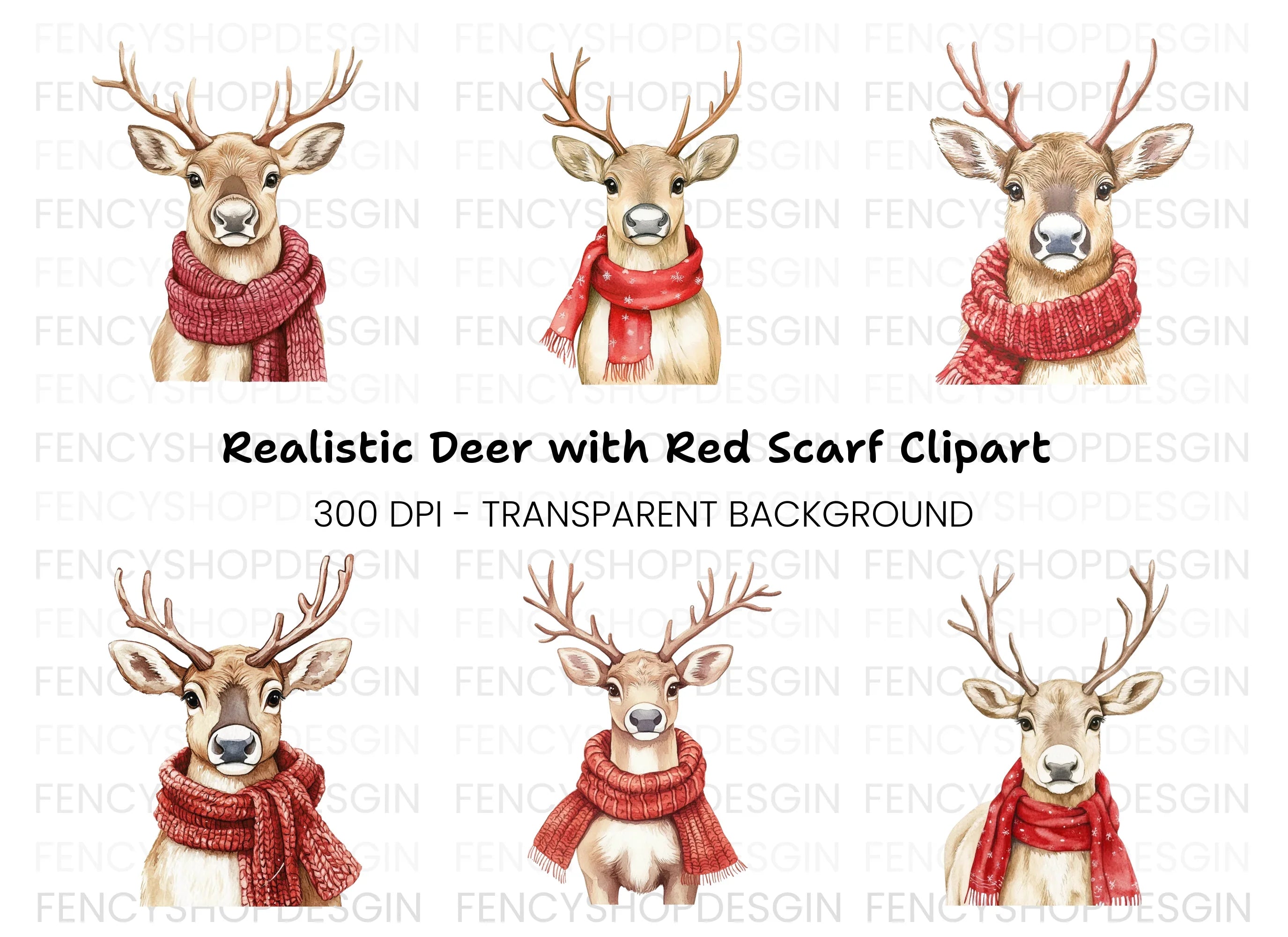 Festive Reindeer with Red Scarves Clipart Bundle