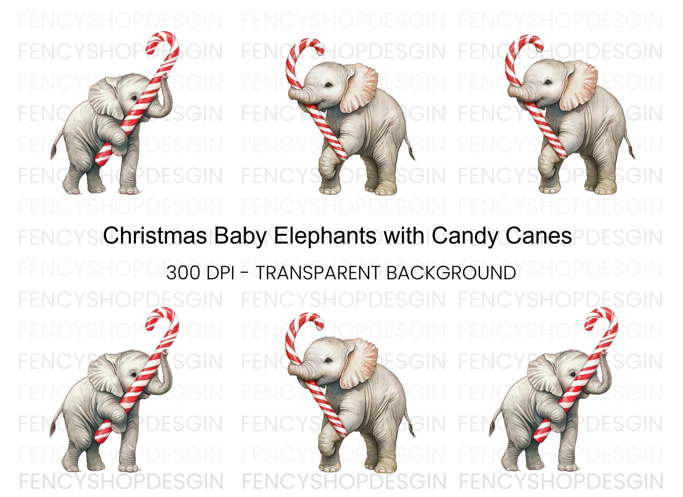 Christmas Elephant with Candy Cane Clipart Bundle