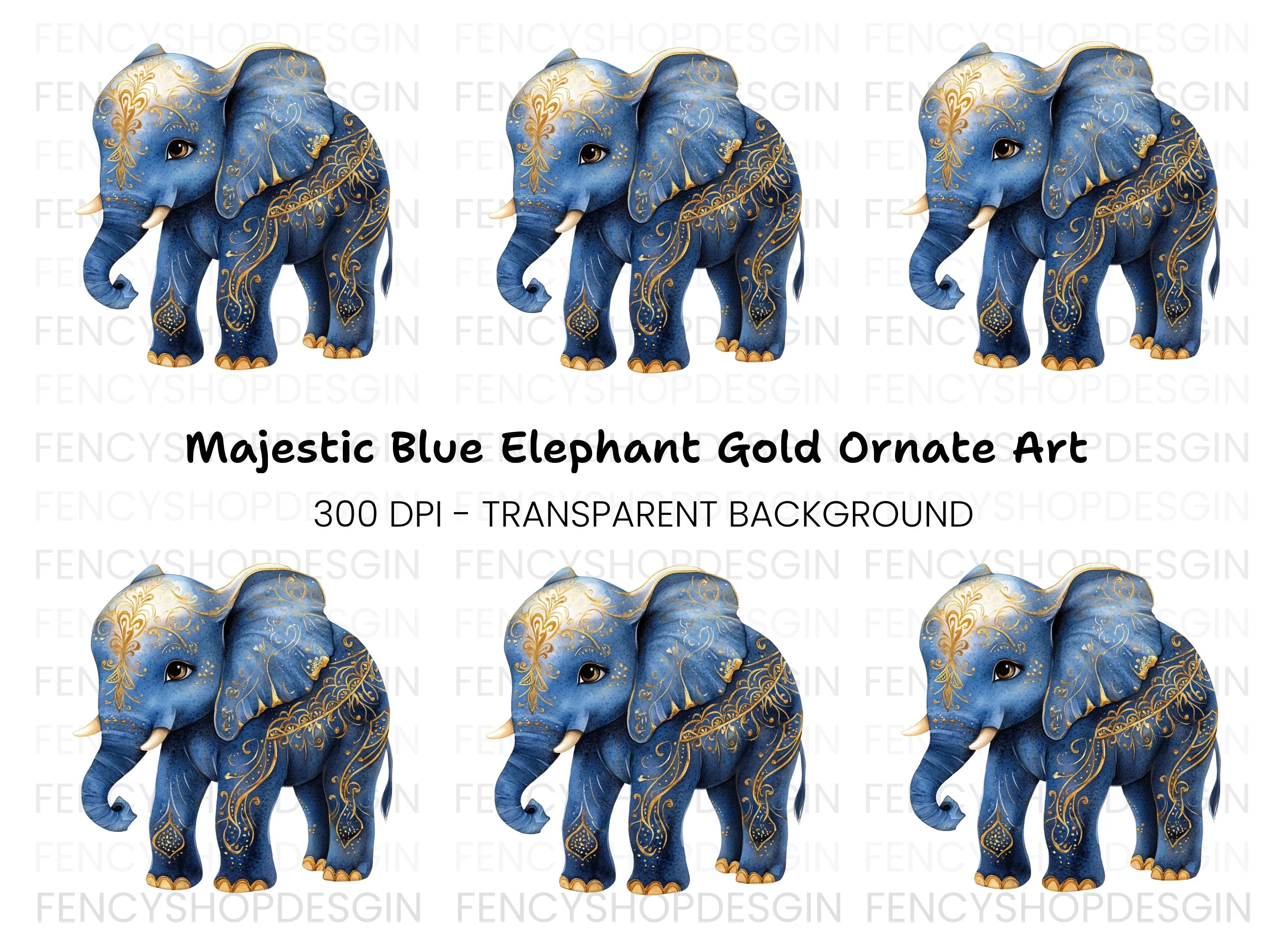 Blue Elephant with Golden Ornaments Clipart Bundle