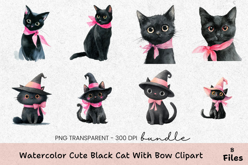 Cute Black Cat with Bow Clipart Bundle - CraftNest - Digital Crafting and Art