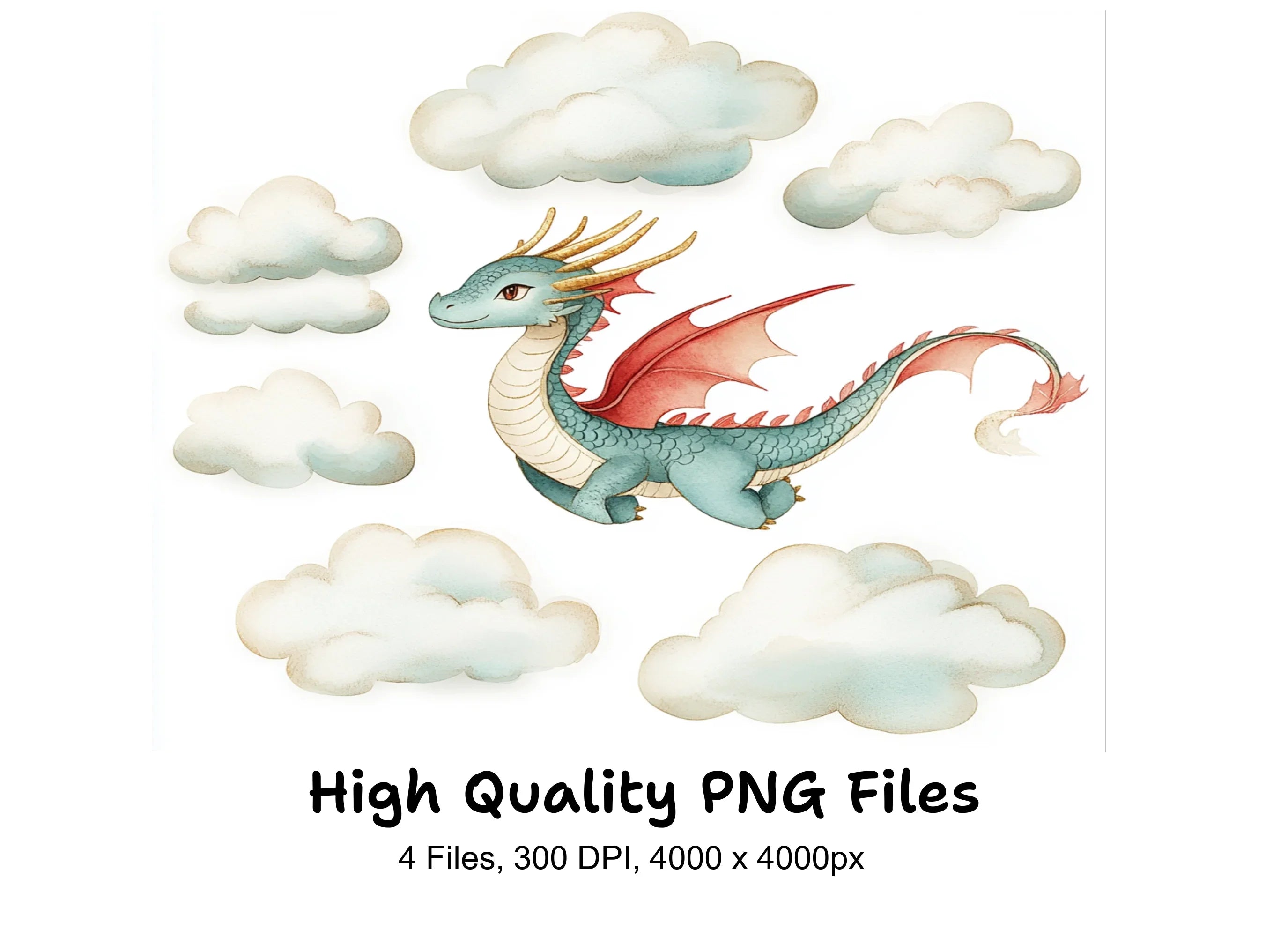 Flying Dragon and Clouds Clipart Bundle