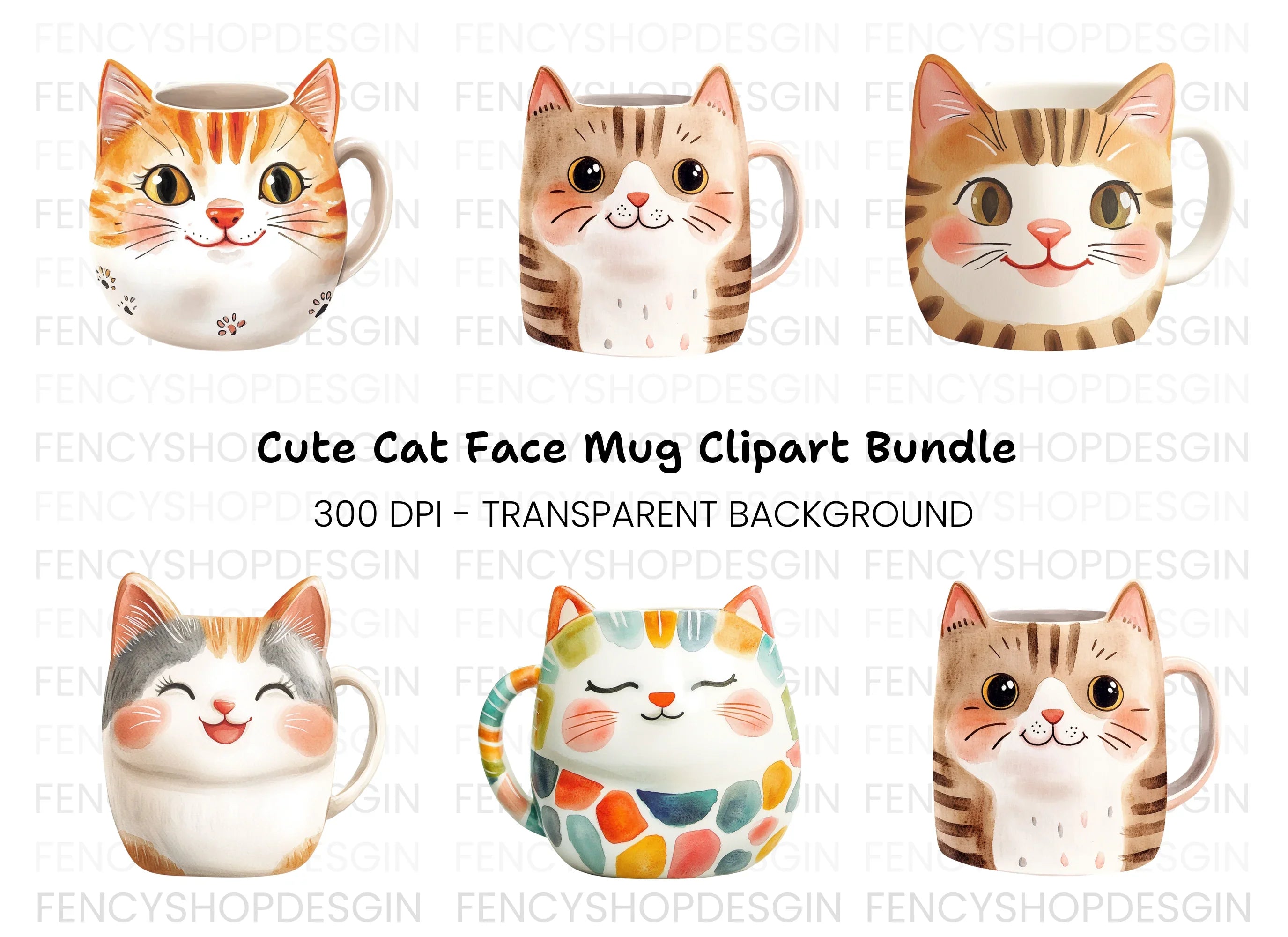 Cute Cat Mugs Clipart Bundle