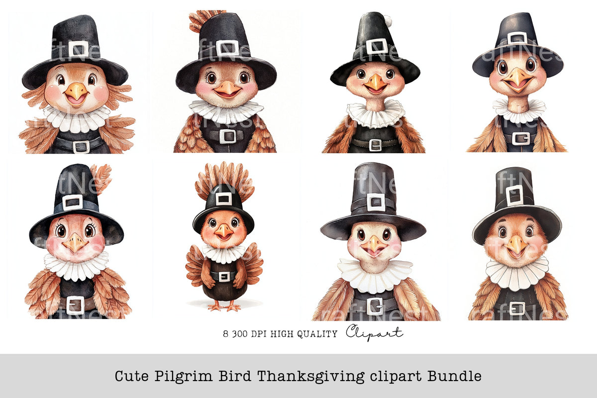 Cute Pilgrim Bird Thanksgiving Clipart Bundle