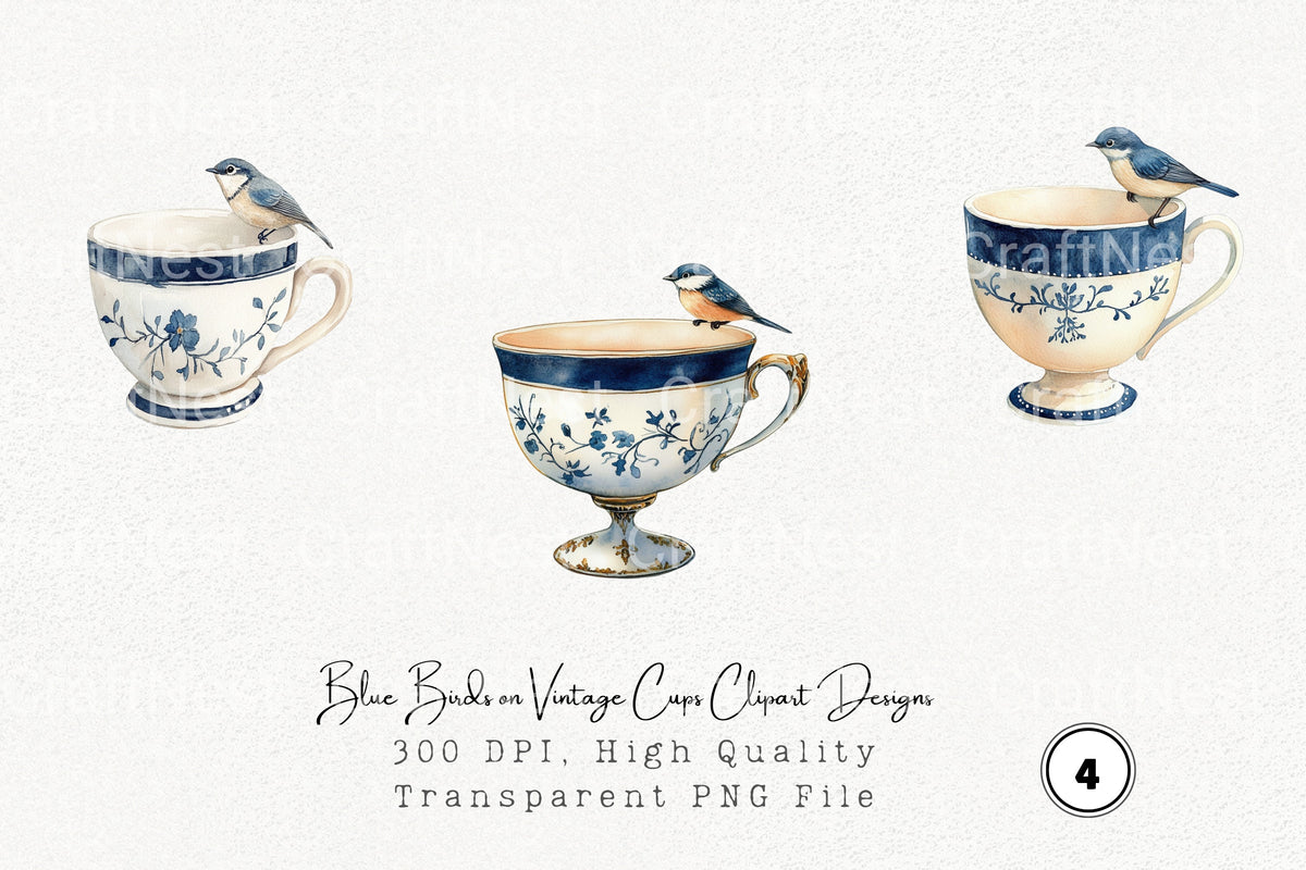 Blue Birds On Vintage Cups Designs Clipart Bundle
