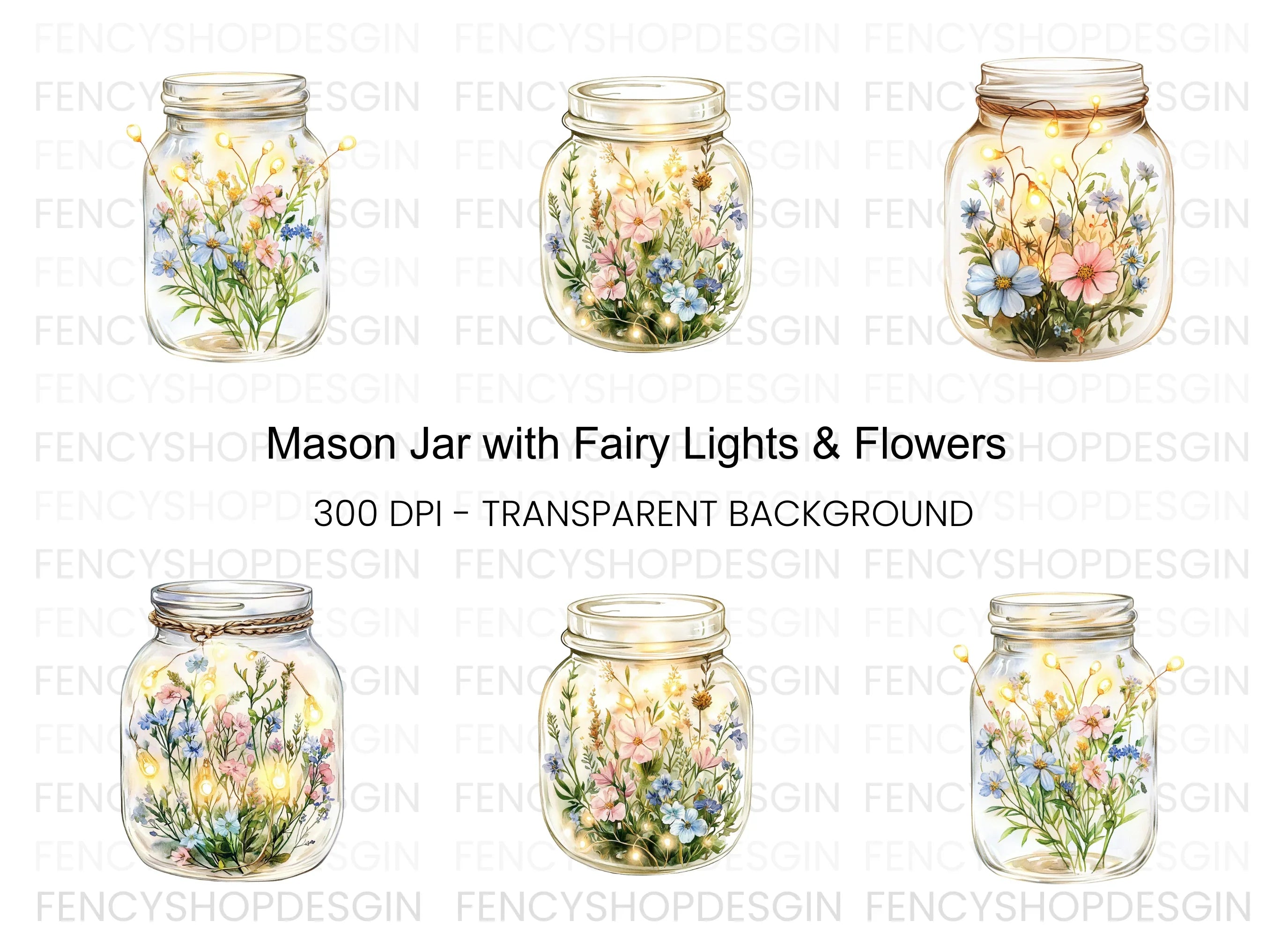 Wildflower Mason Jar Lights Clipart Bundle
