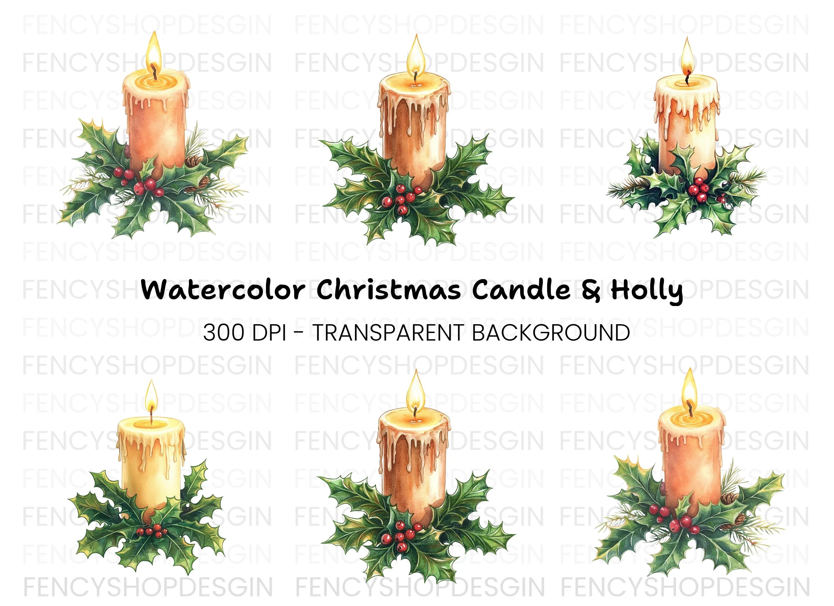 Christmas Candles with Holly Clipart Bundle