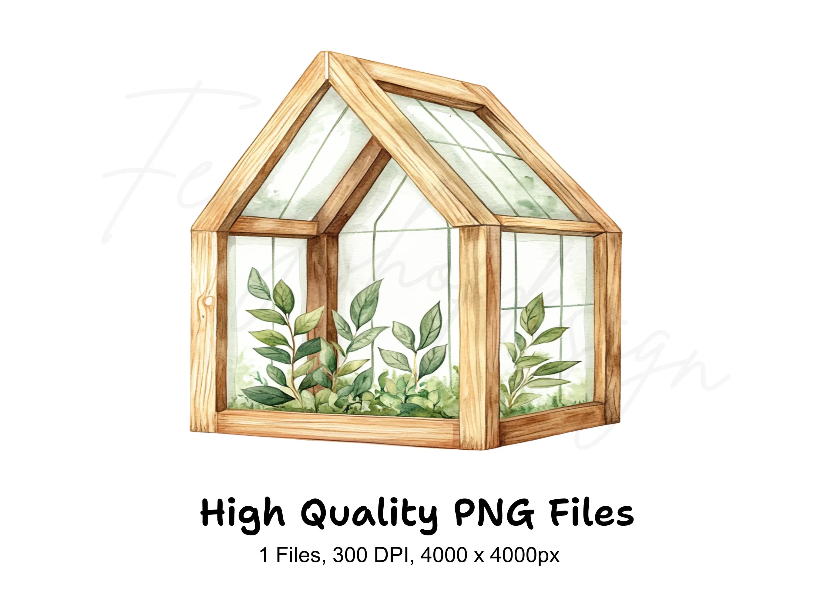 Wooden Greenhouse with Plants Clipart Bundle