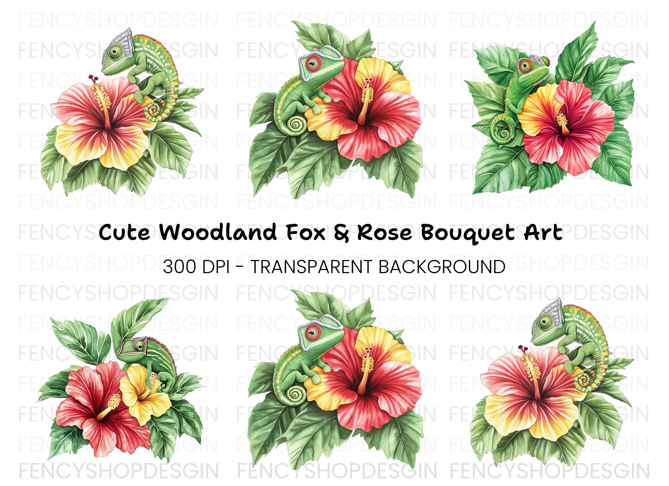 Cute Chameleon on Hibiscus Clipart Bundle