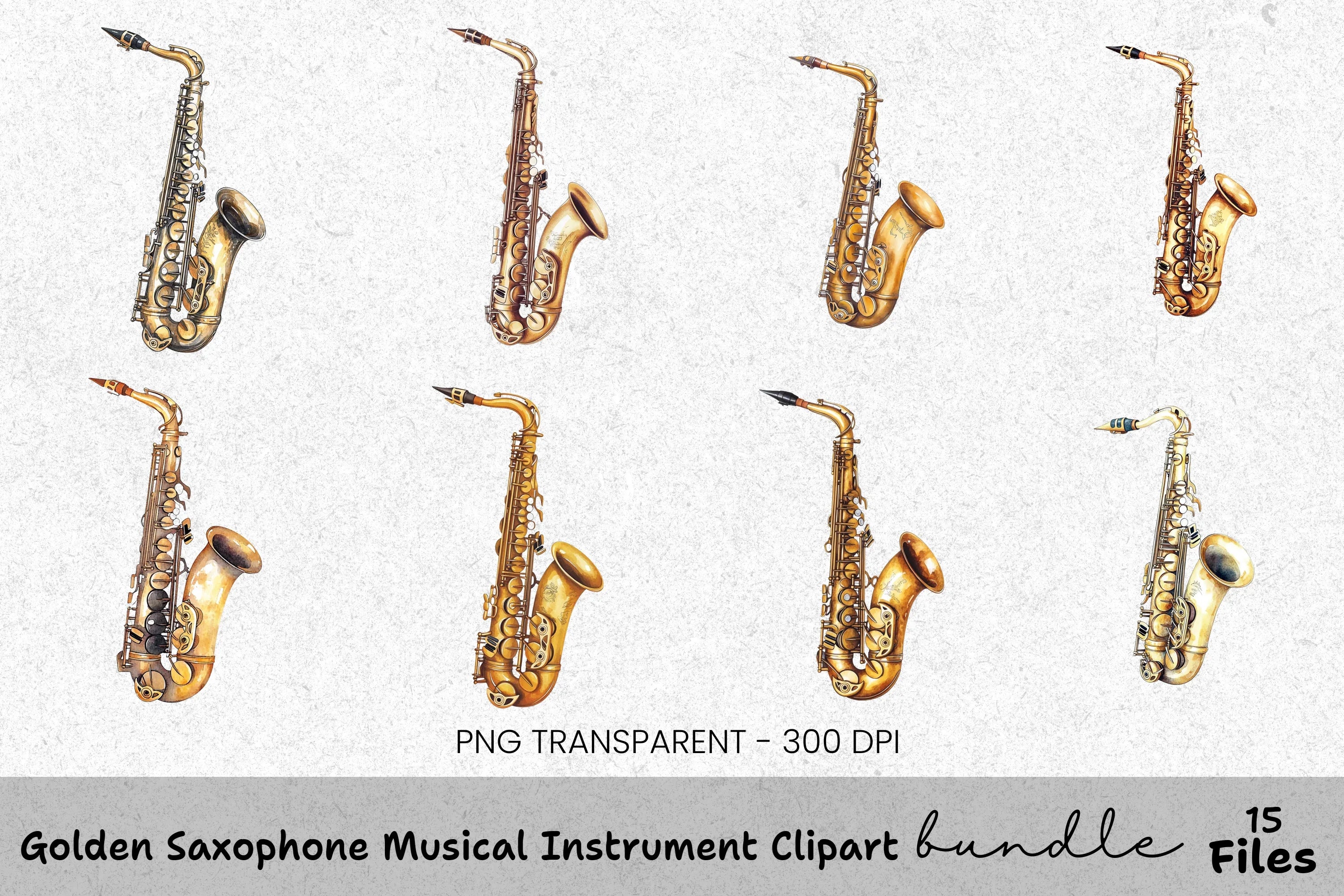 Golden Saxophone Musical Instrument Clipart Bundle