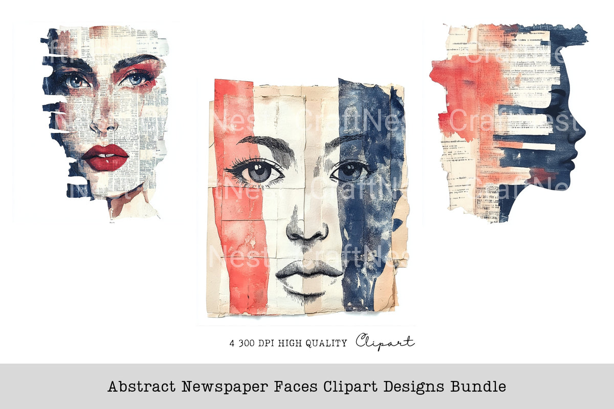 Abstract Newspaper Faces Designs Clipart Bundle