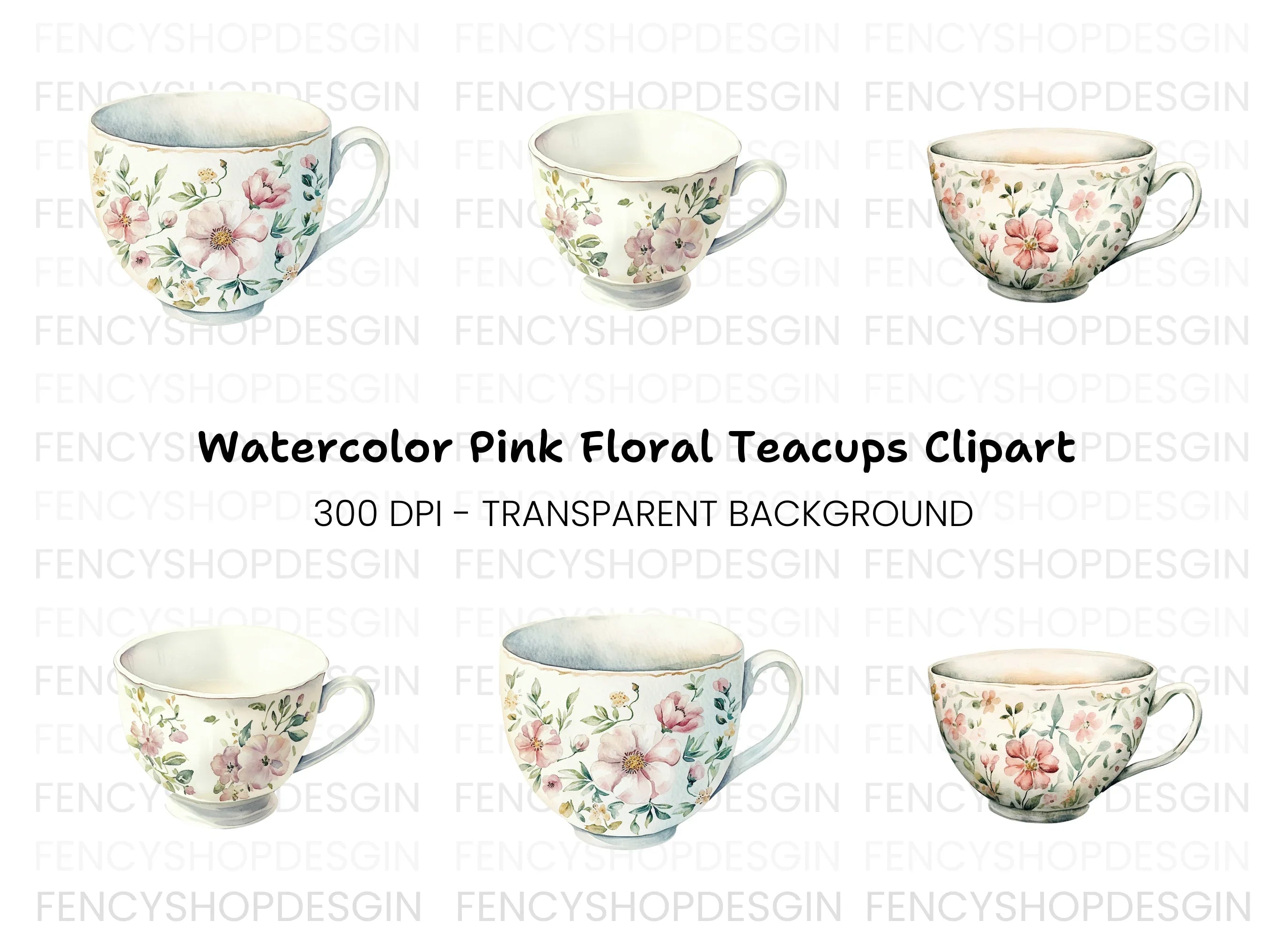 Empty Floral Teacups Clipart Bundle