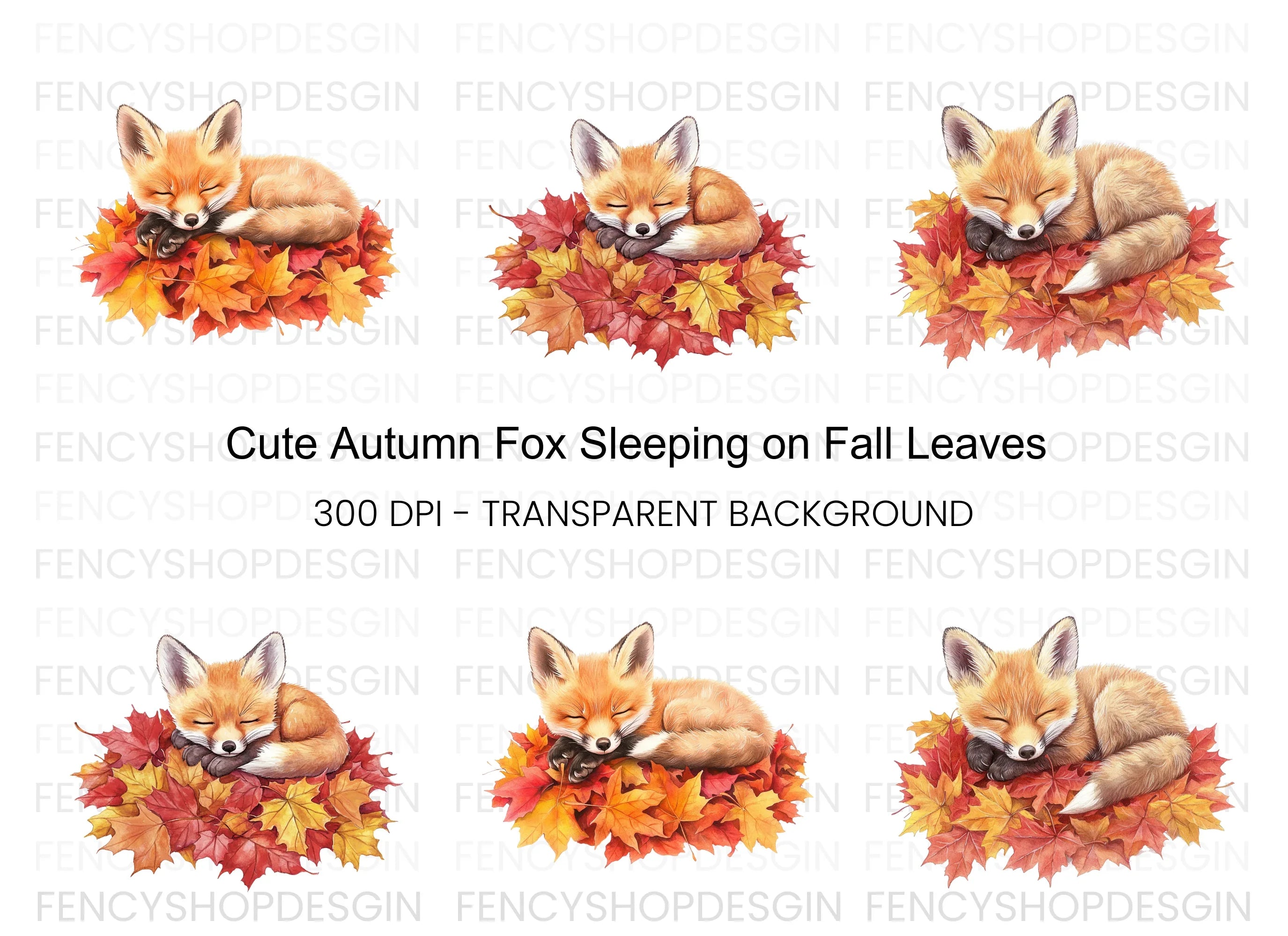 Cute Sleeping Fox on Autumn Leaves Clipart Bundle