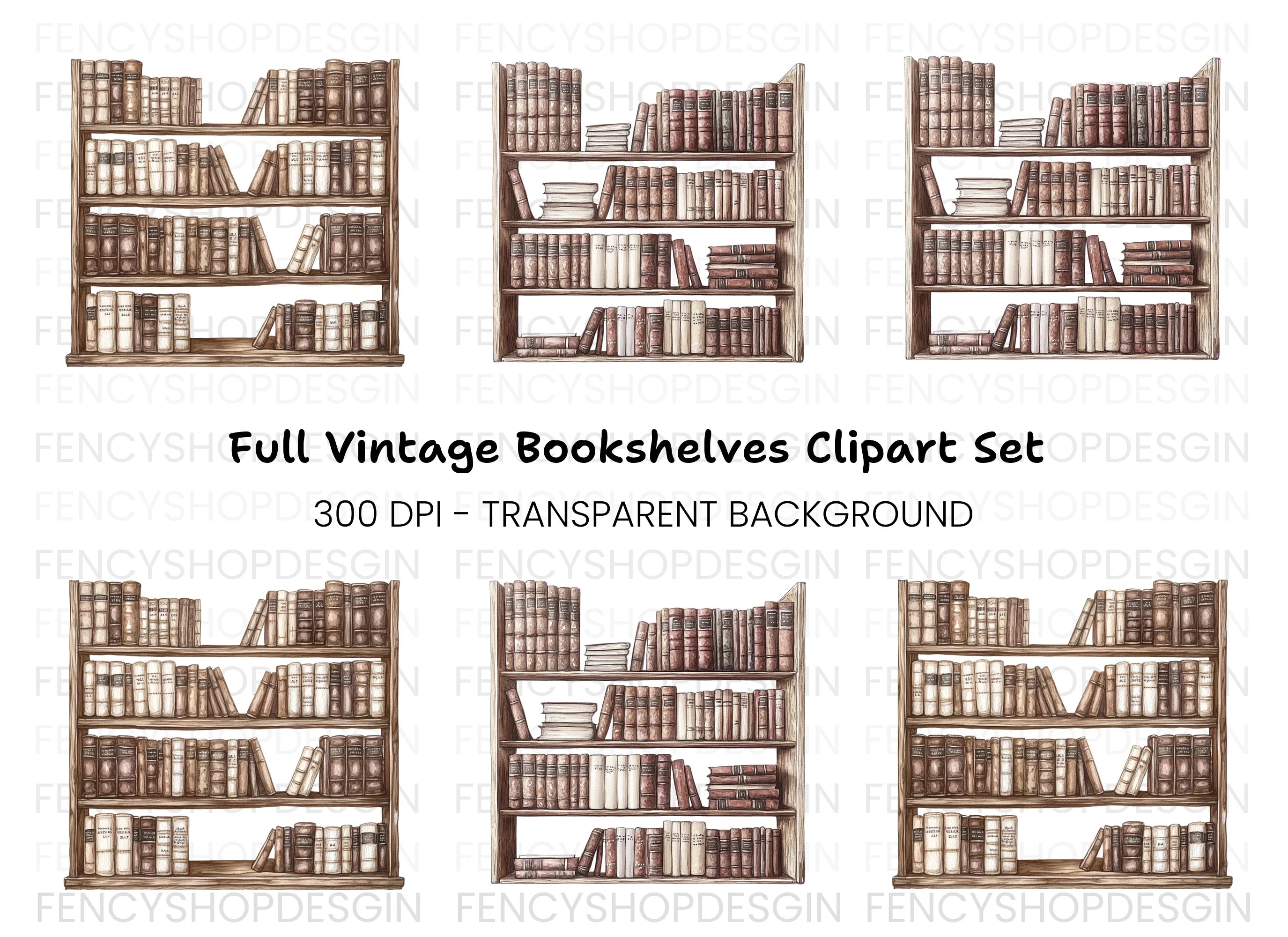 Vintage Bookshelf Clipart Bundle