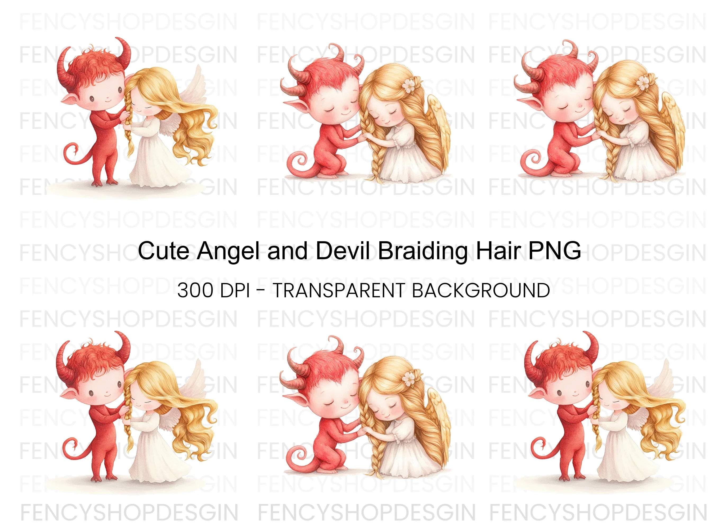 Charming Angel and Devil Braiding Hair Clipart Bundle