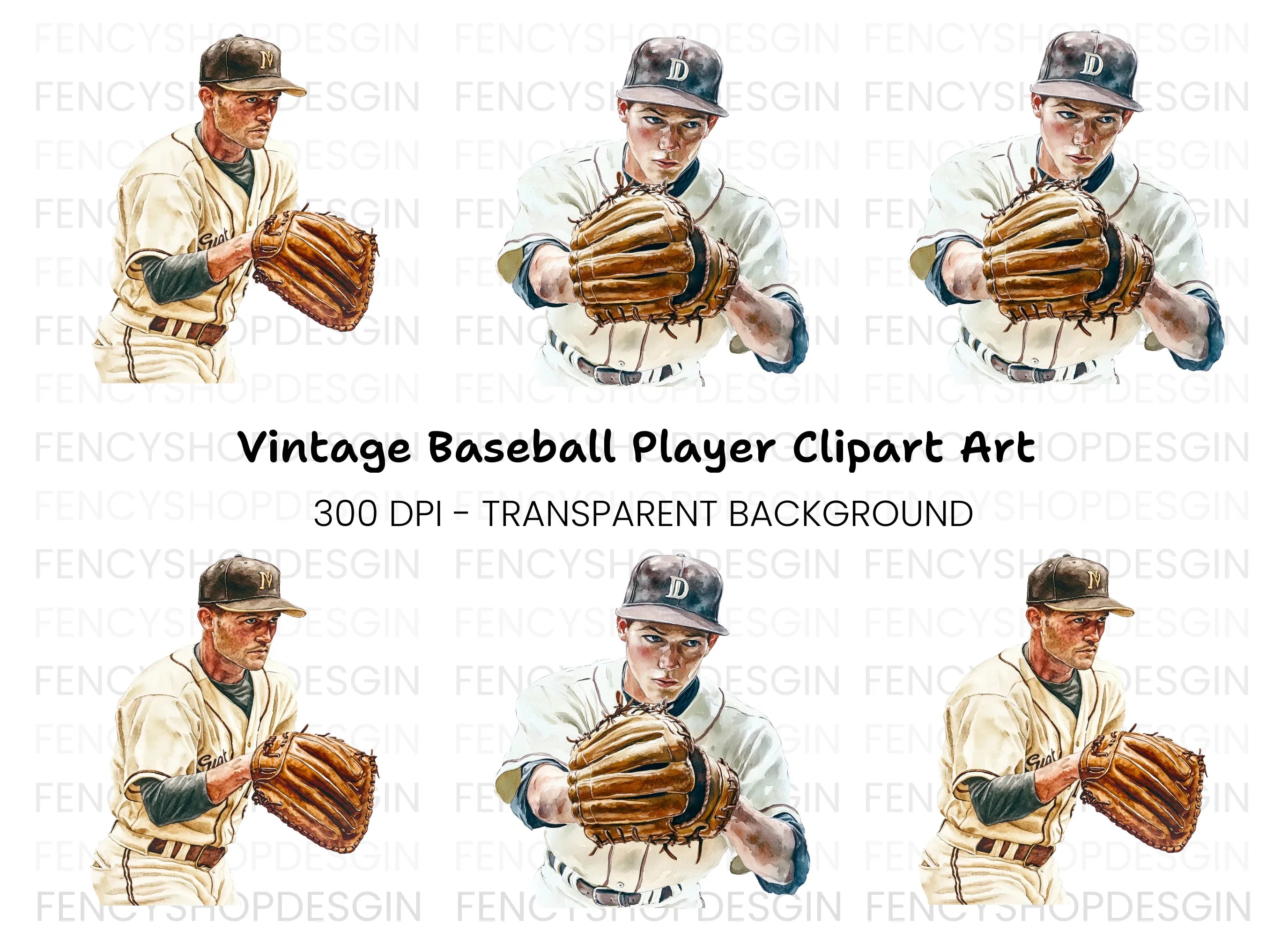 Retro Baseball Players Duo Clipart Bundle