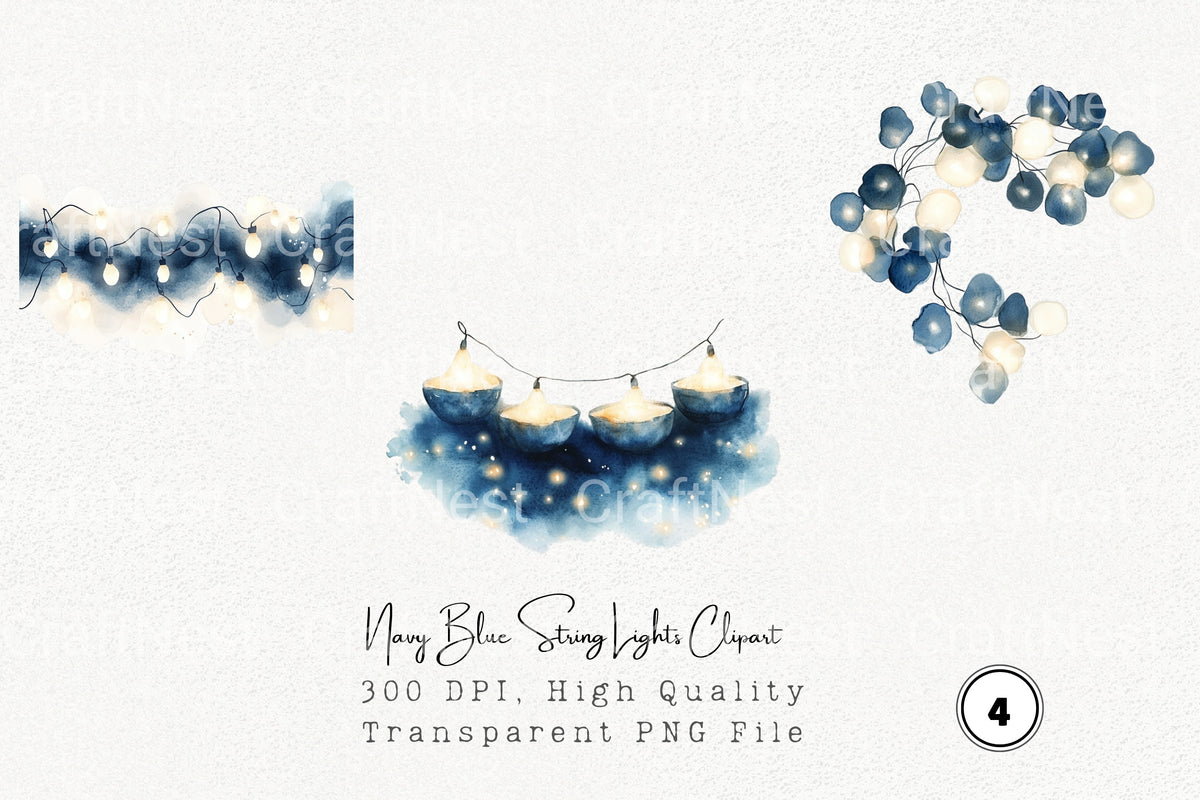 Navy Blue String Lights Clipart Bundle