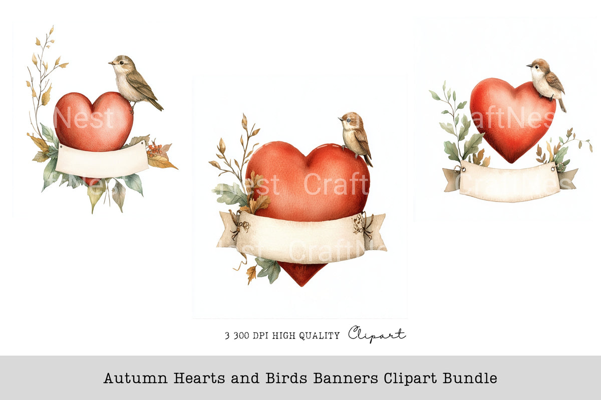 Autumn Hearts And Birds Banners Clipart Bundle