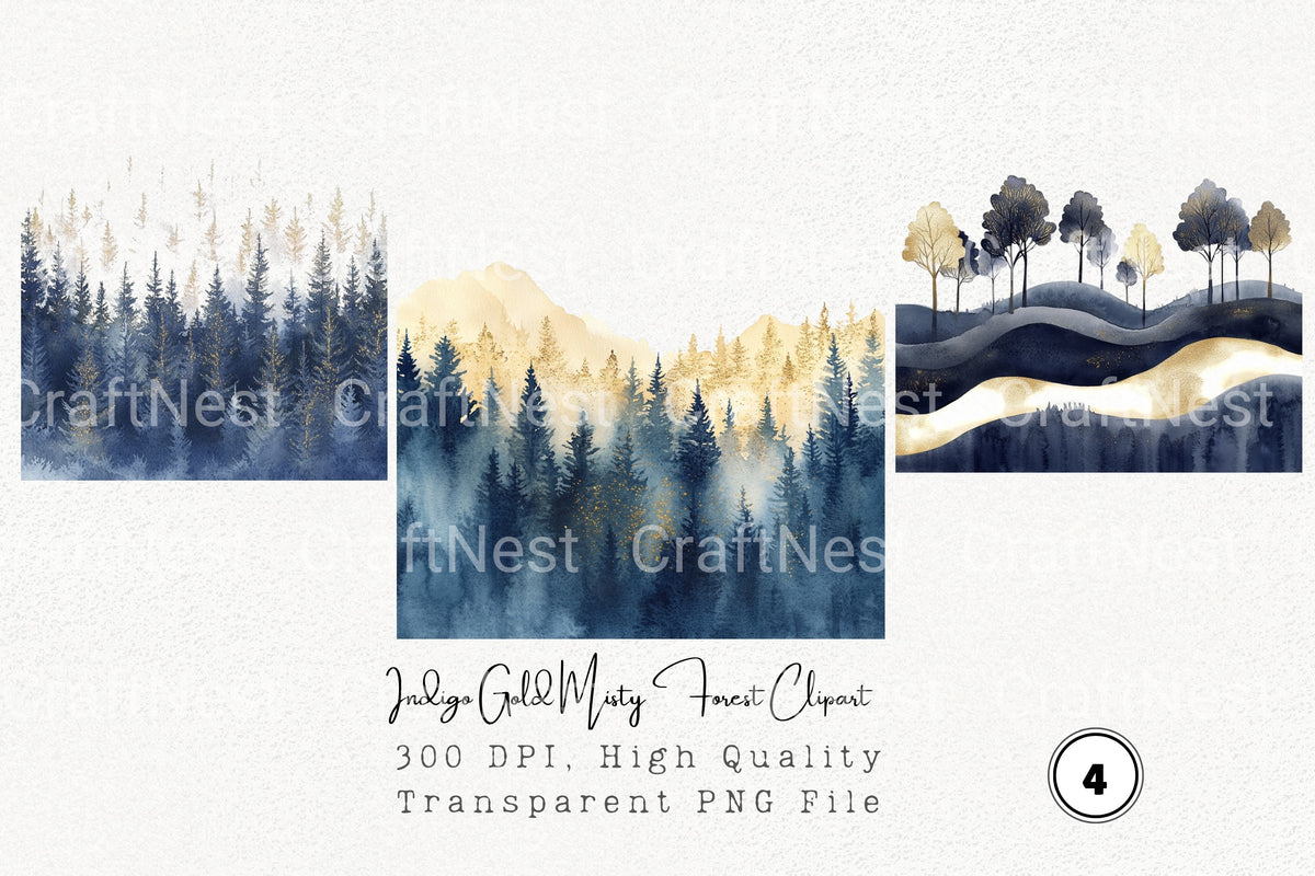 Indigo Gold Misty Forest Clipart Bundle