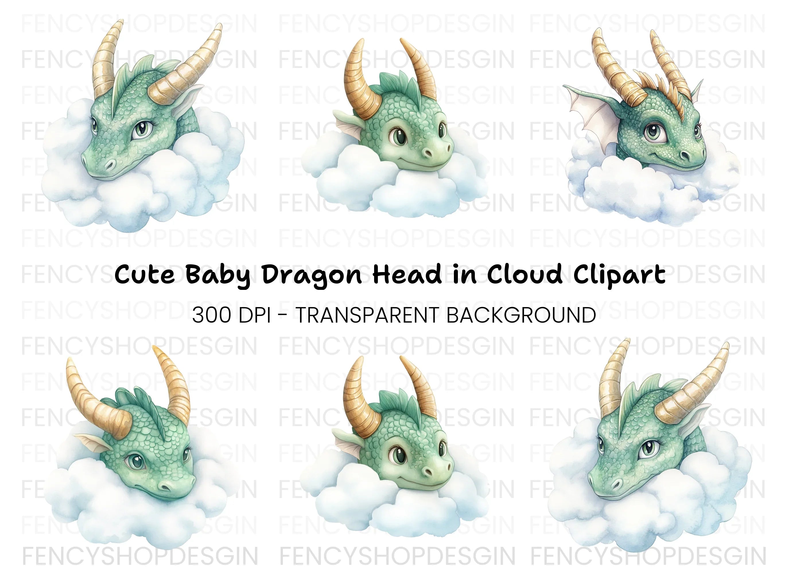 Cute Cloud Dragon Heads Clipart Bundle