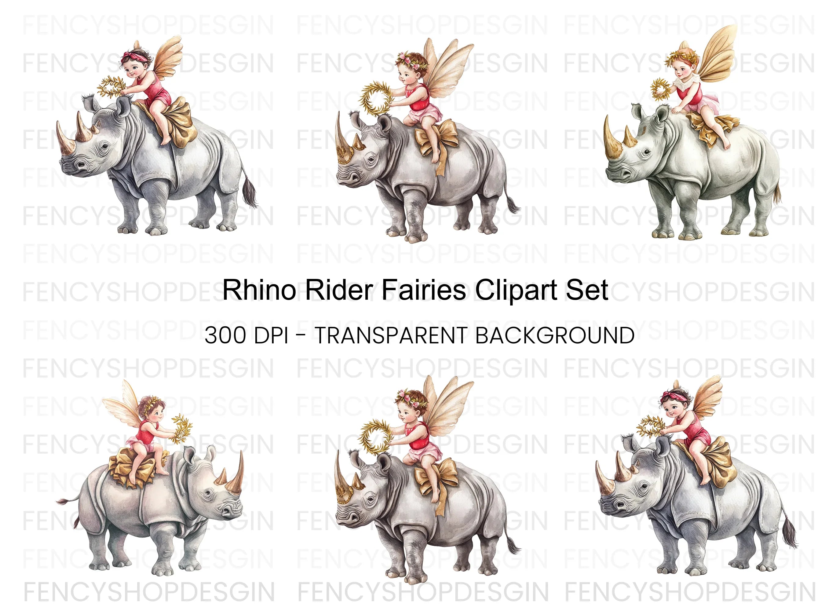 Fairy Riding Rhinoceros Clipart Bundle