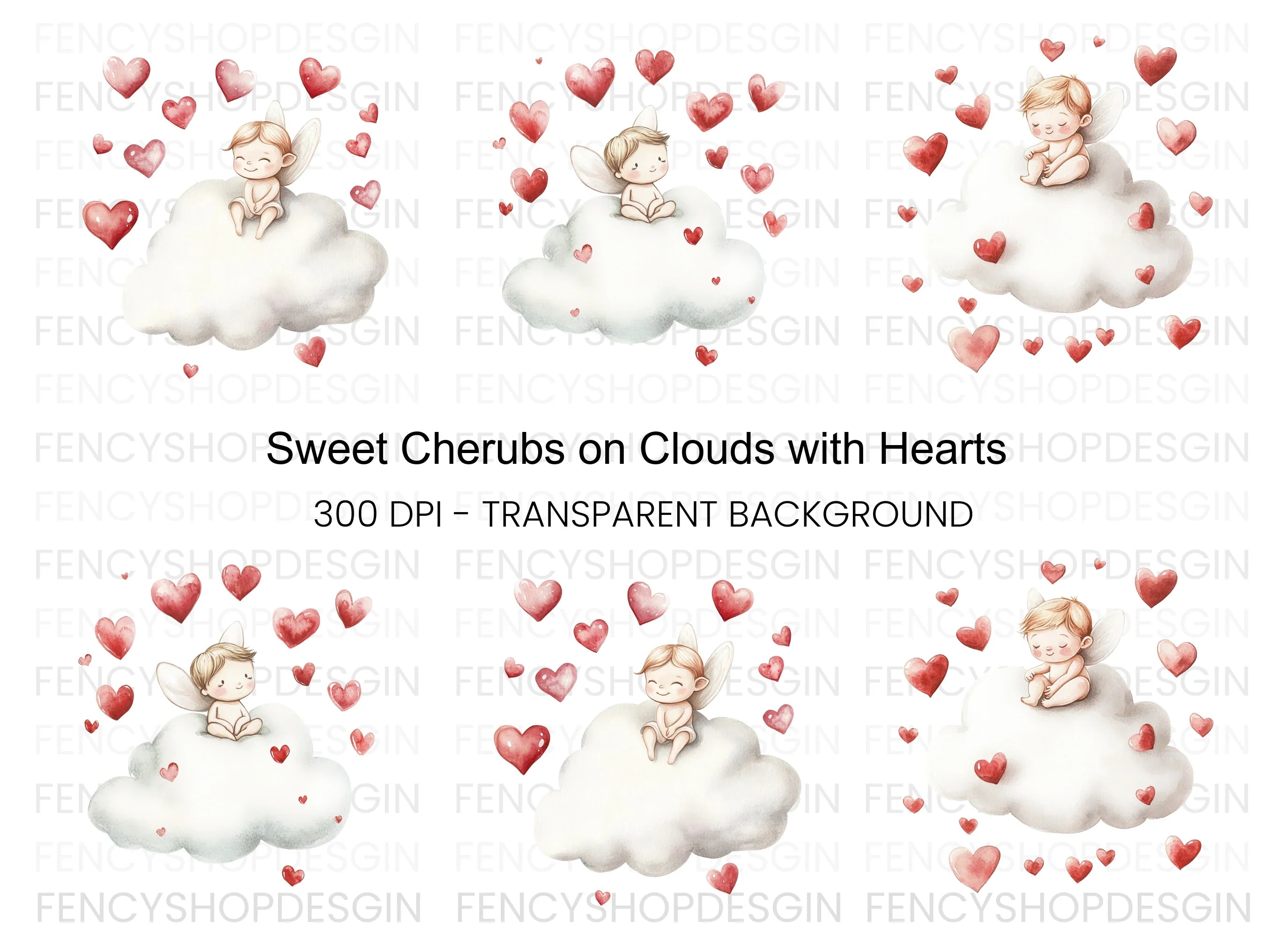 Sweet Cupid on Cloud with Hearts Clipart Bundle